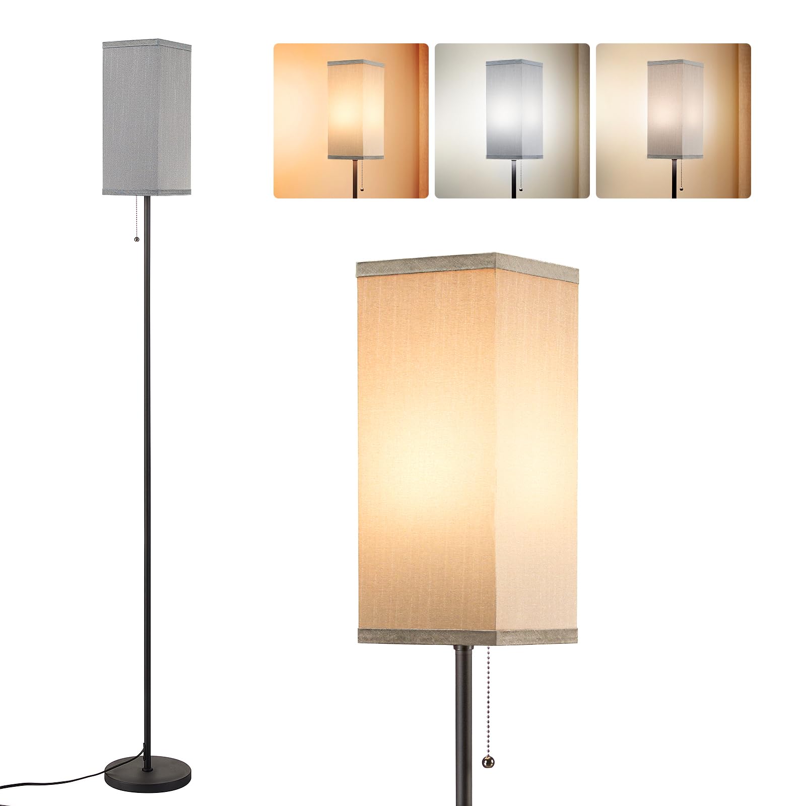 Ziisee Grey Floor Lamp for Bedroom Modern - 3 Color Temperature Black Standing Lamps with Pull Chain Switch, Tall Lamp for Offic