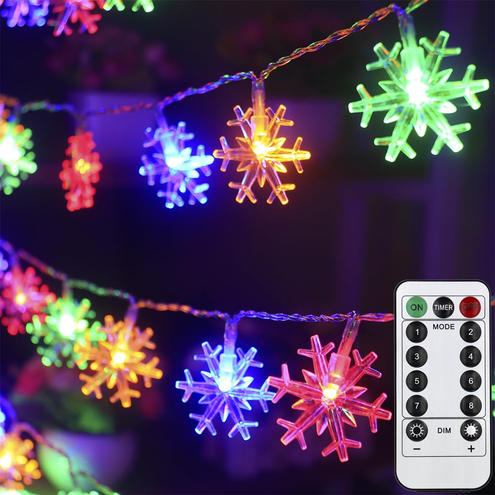 Mankinlu Christmas Decorations Snowflake Lights  30ft 60 LEDs Snowflakes Christmas Lights Battery Operated String Lights with Remote for Xmas Tree Window Curtain Outdoor Indoor Winter Decor Multicolor