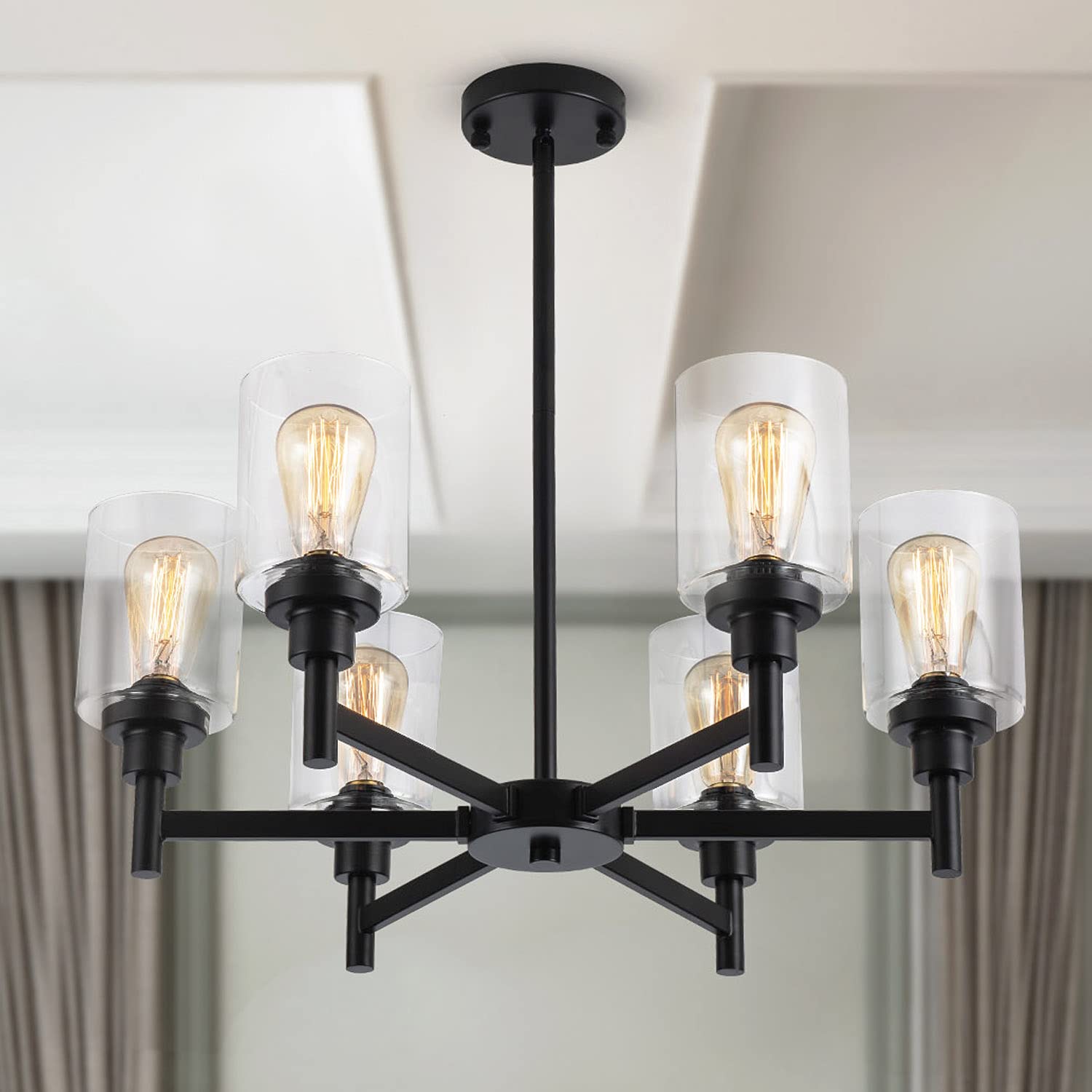 LIGHTDAMY Black Chandelier, 6-Light Metal Fixture, Industrial Design with Clear Glass Shade, D25in for Dining Room, Kitchen, Living Room