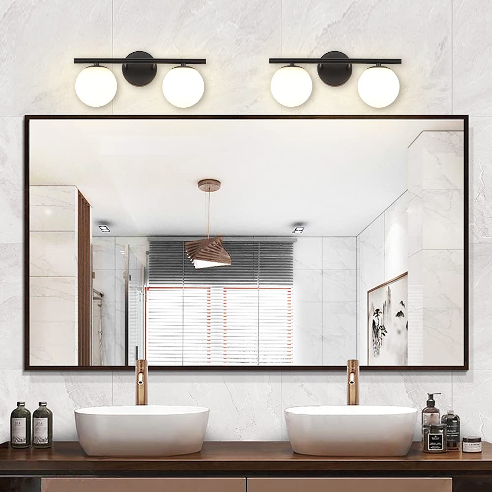 YHTlaeh New Bathroom 2 Vanity Light Fixtures Brushed Black Milk White Globe Glass Shade Modern Wall Bar Sconce Over Mirror