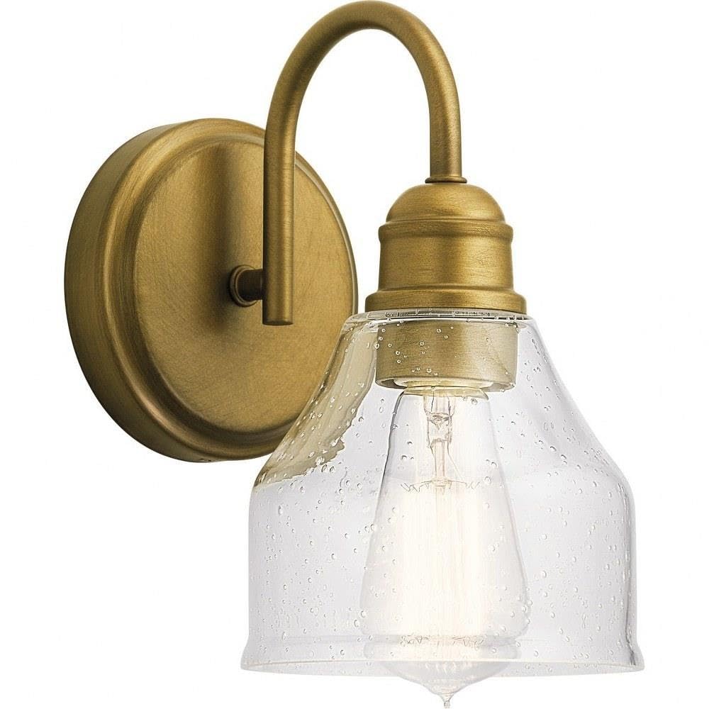 KICHLER Avery 5.5 Wall Sconce Industrial 1 Light Wall Fixture with Clear Seeded Glass in Natural Brass, for Bathroom, Bedroom or