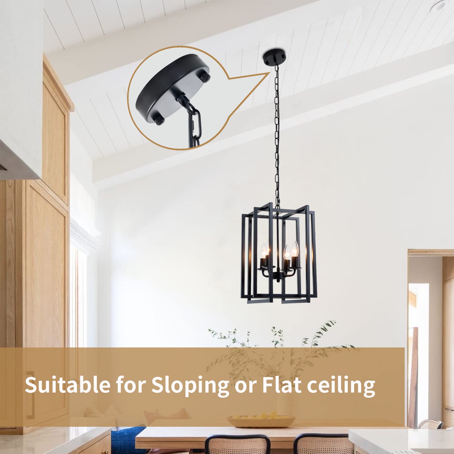 Ejerlya Farmhouse Lantern Chandelier, 4-Light Metal Pendant Light, Adjustable Height, Black Square Cage for Kitchen, Living Room, Hallway
