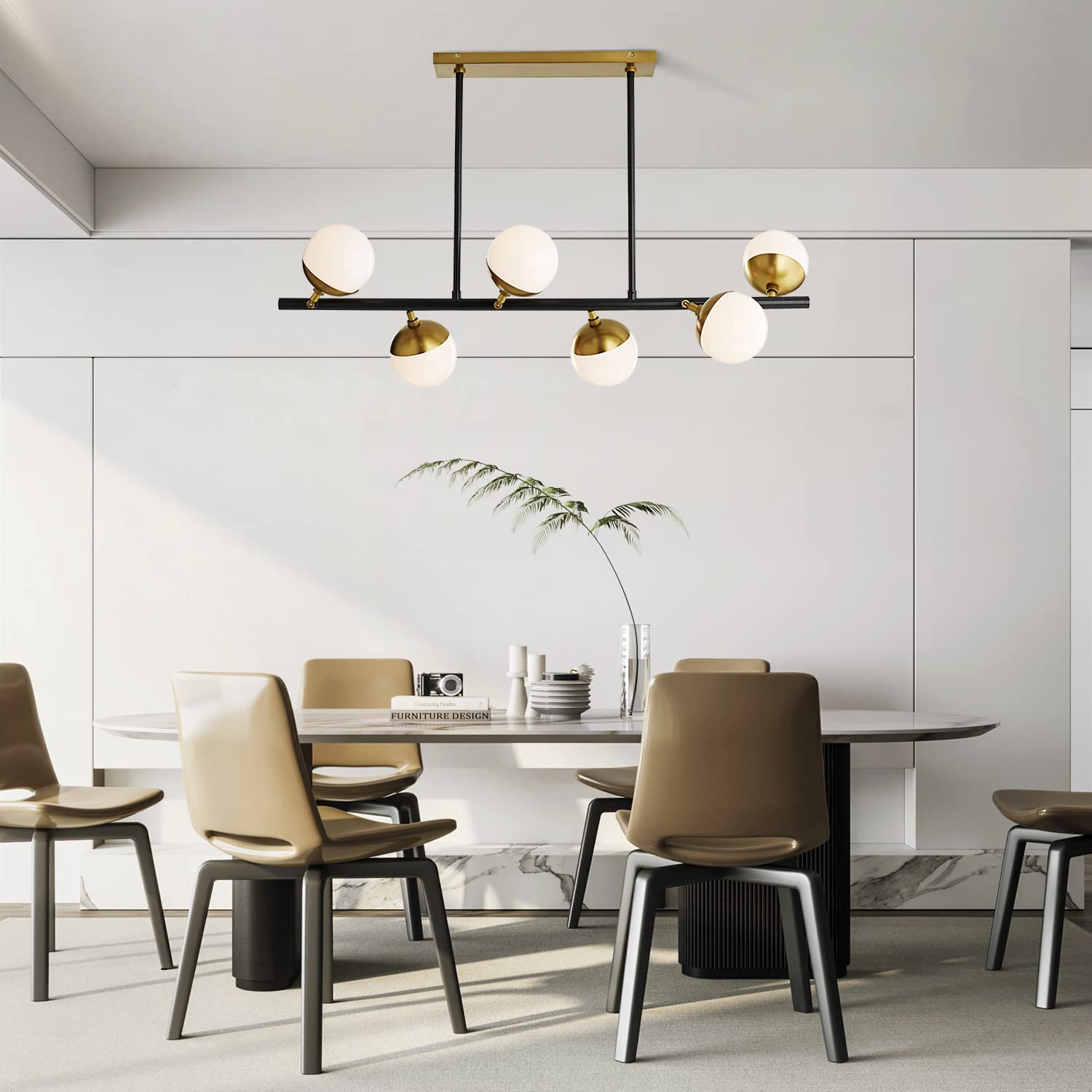 KCO Lighting Mid Century Modern Chandelier, 6-Light Black Gold Globe Pendant, Glass Fixture for Kitchen Island, Dining Room, Model L1093