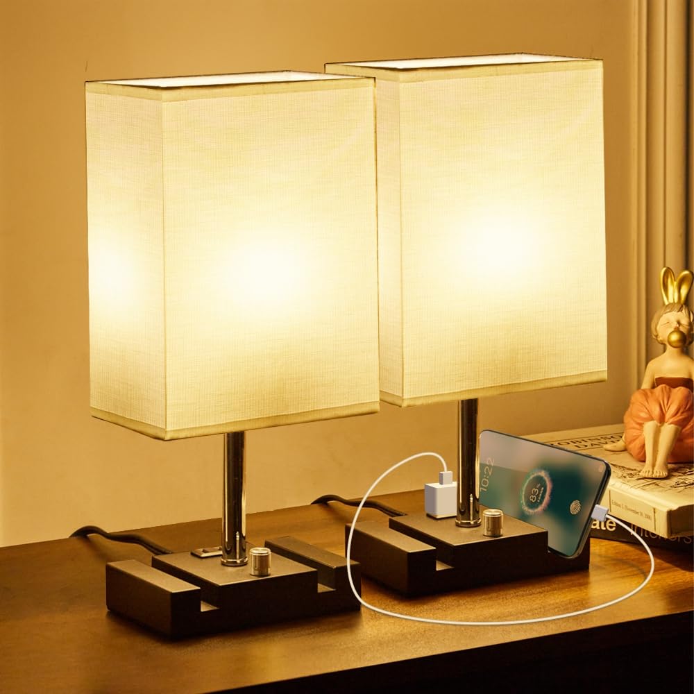 lifeholder Bedside Lamp with USB & Type-C Ports, Warm White Bulb, Iron, Model LH-T23-W, Touch White Color
