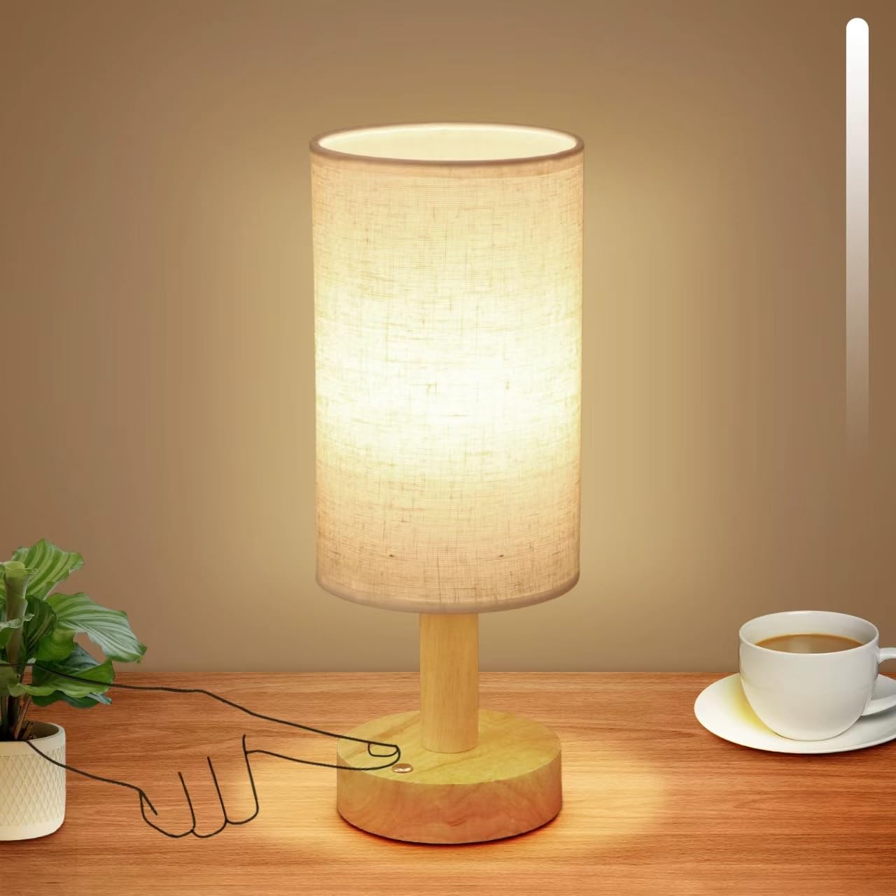 Rechargeable Cordless Touch Table Lamp with Stepless Dimming Natural Wood Base&Linen Shade Small Battery Wireless Ambient Night Light for Bedroom Bedside Nightstand Nursery Kitchen Camping Outdoor