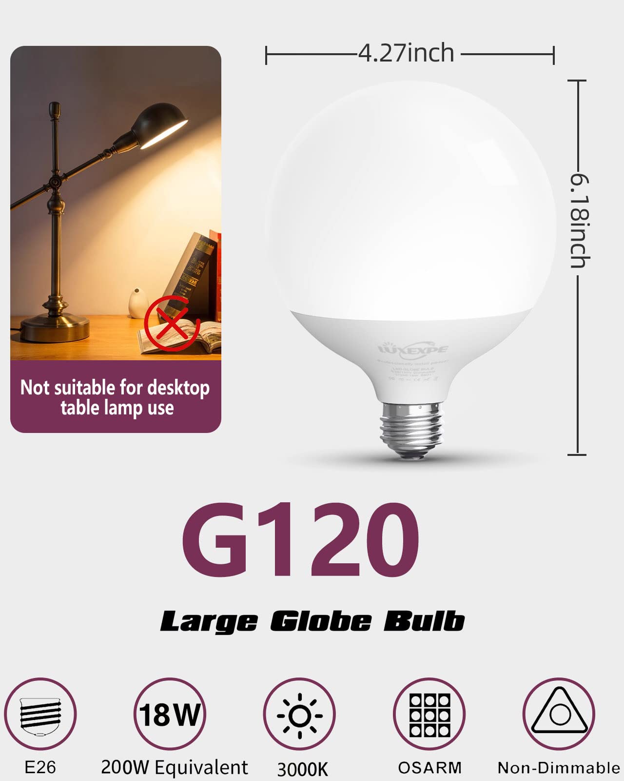 LUXEXPE G120 LED Light Bulb, 18W (200W Equivalent), Warm White 3000K, E26 Base, Non-Dimmable, 1800 Lumen,