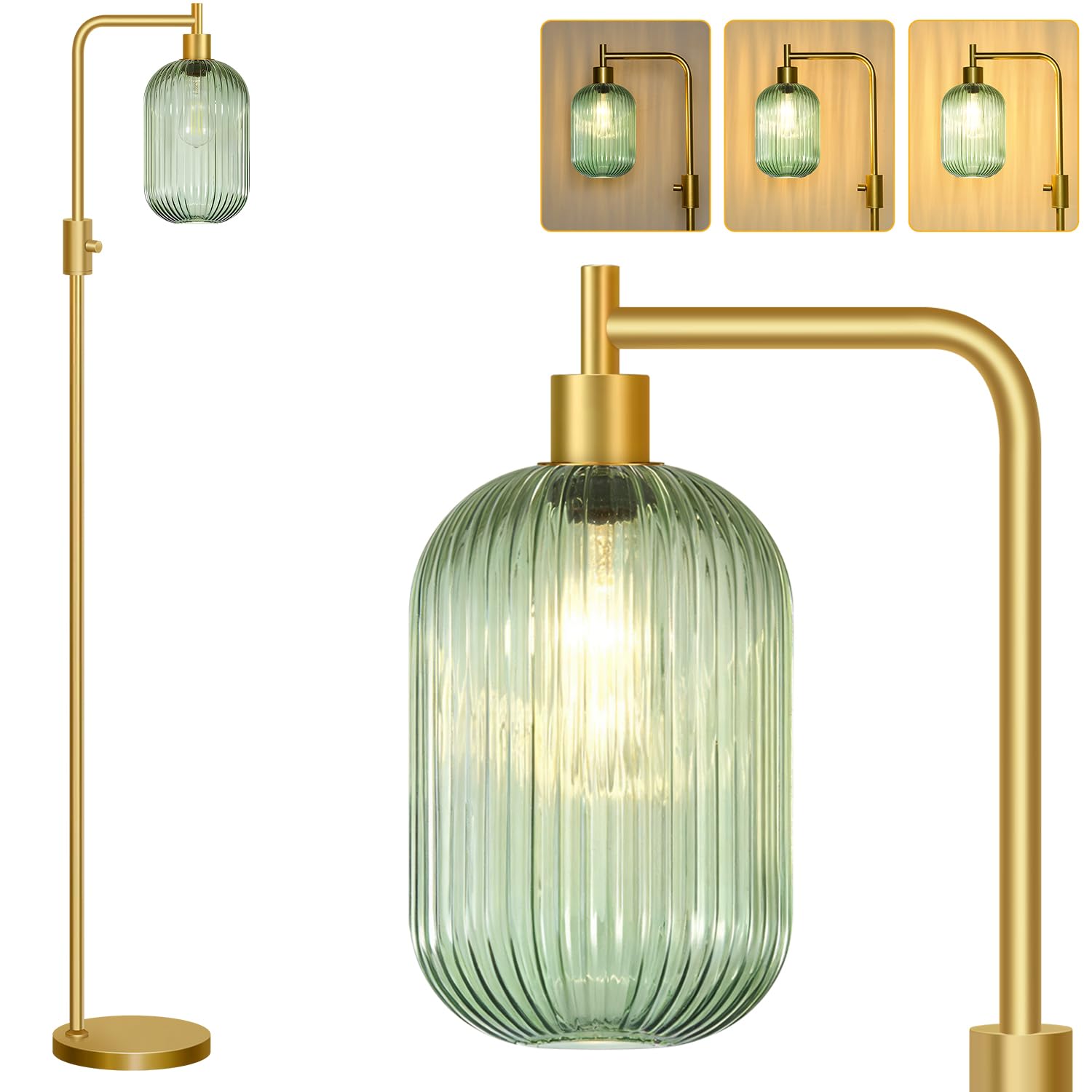 ?Upgraded? Dimmable Glass Floor Lamp for Living Room, Modern Gold Standing Lamp with Green Ribbed Glass Lampshade & Knob Dimmer,