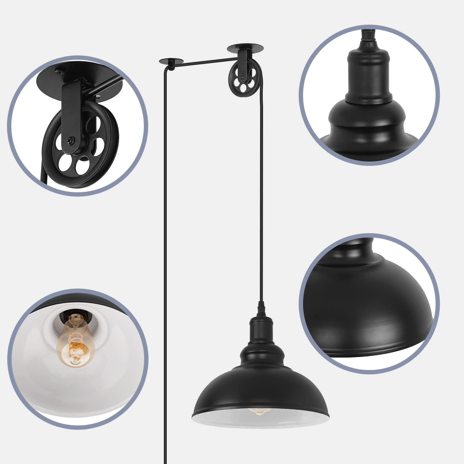 Kighsin Industrial Black Plug In Pulley Pendant Light With 19.5Ft Cord On/Off Switch, Modern Barn Domed Hanging Lamp Ceiling Lig