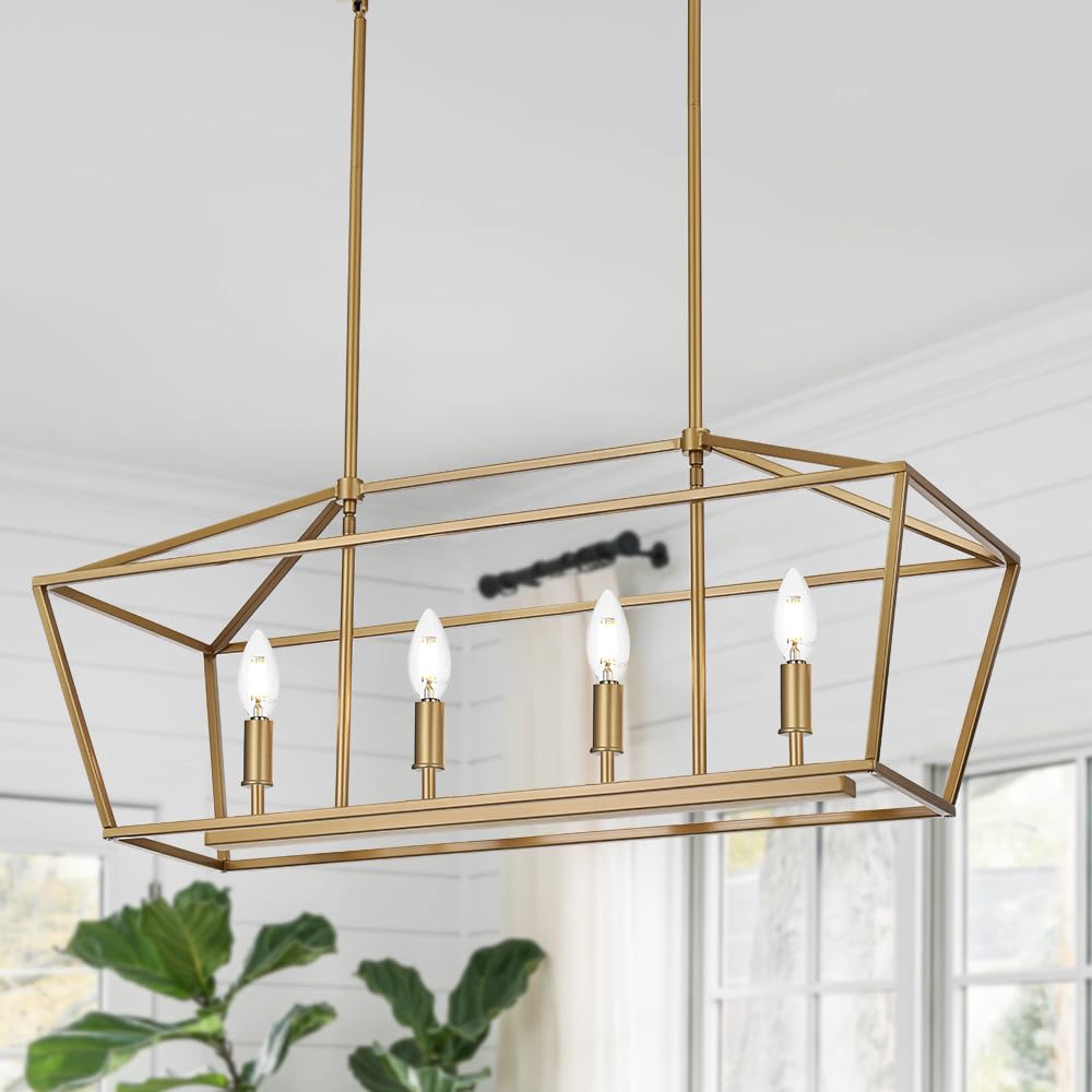 WINSHEN 4-Lights Golden Pendant Light Fixtures  Modern Lantern Linear Chandelier with Adjustable Height  Dining Room Ceiling Lighting Hanging for Over Table