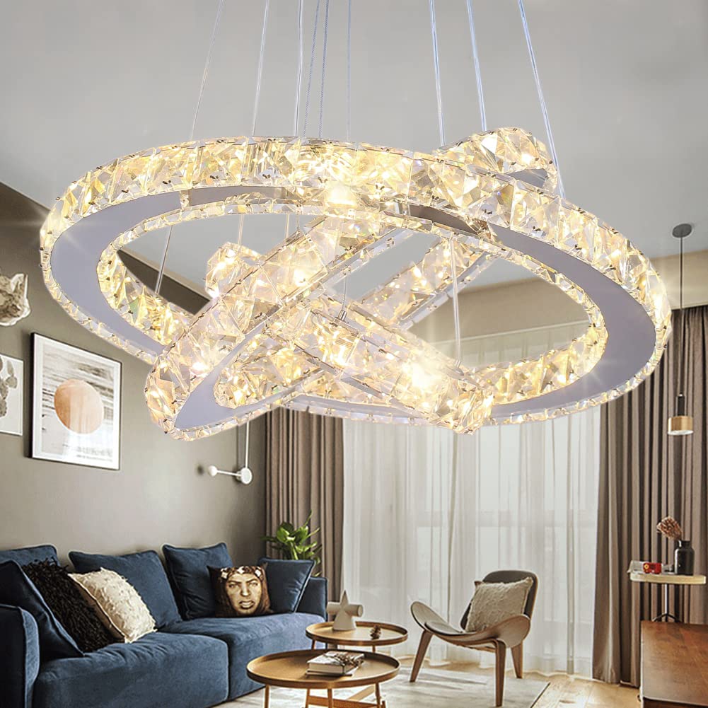 Cainjiazh Modern LED Crystal Chandelier Pendant Light, 3 Ring, Warm Light, Stainless Steel, Model US-234-MP004, for Living Room, Dining Room