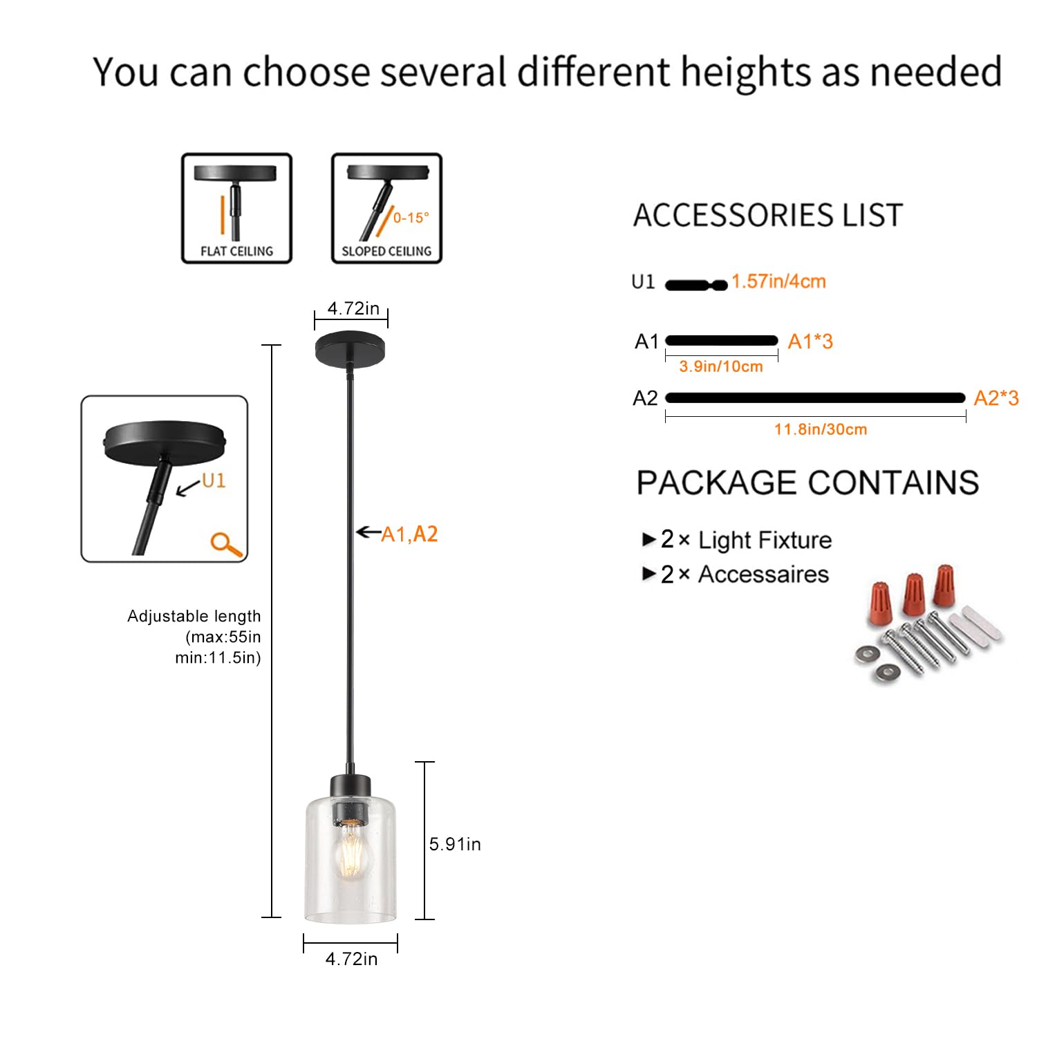 KLSS Black Pendant Lights - Seeded Glass Fixture, 12in & 4in Rods, 2 Pack, Metal