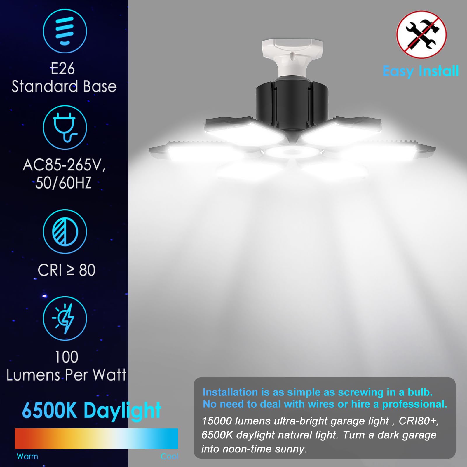 Brainiac 150W Led Garage Light Bulb With 6 Adjustable Panels, E26/E27 Screw In Shop Light Ceiling Light For Garage Workshop Barn