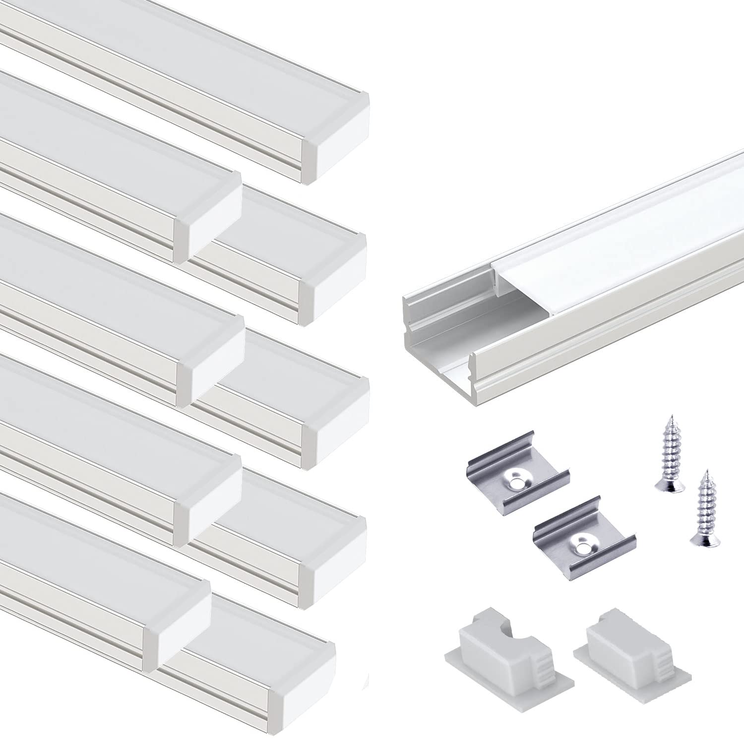 VST 10Pack 3.3 ft LED Aluminum Channel with Milky White Cover U Shape 15x8mm, Led Strip light Track With End Caps and Mounting C