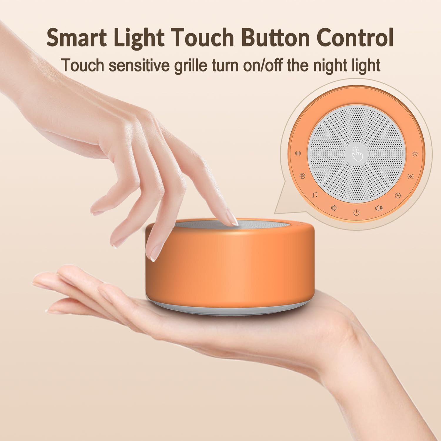 Kipcush Nursery Lamp with Sound Machine, 30 Sounds, 7 Colors Night Light, Touch Control, Timer, Orange