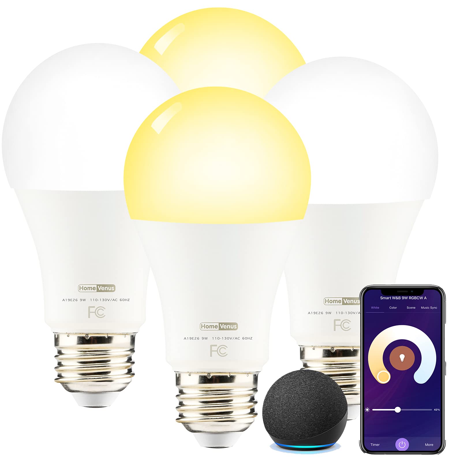 Homevenus HVS Smart Light Bulbs,9W A19 E26 Dimmable Tunable Cool Warm White LED Light Bulb 2500k-6500k, APP Control 2.4GHz WiFi 