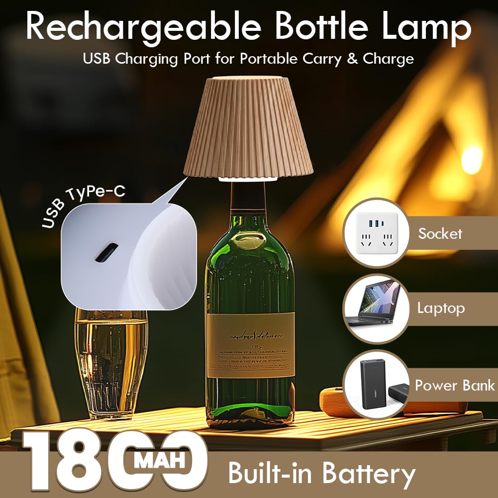 WILIT Wireless Touch Table Lamp - Rechargeable, 3-Level Brightness, Gray Wood Grain Decor for Bedroom & Restaurant
