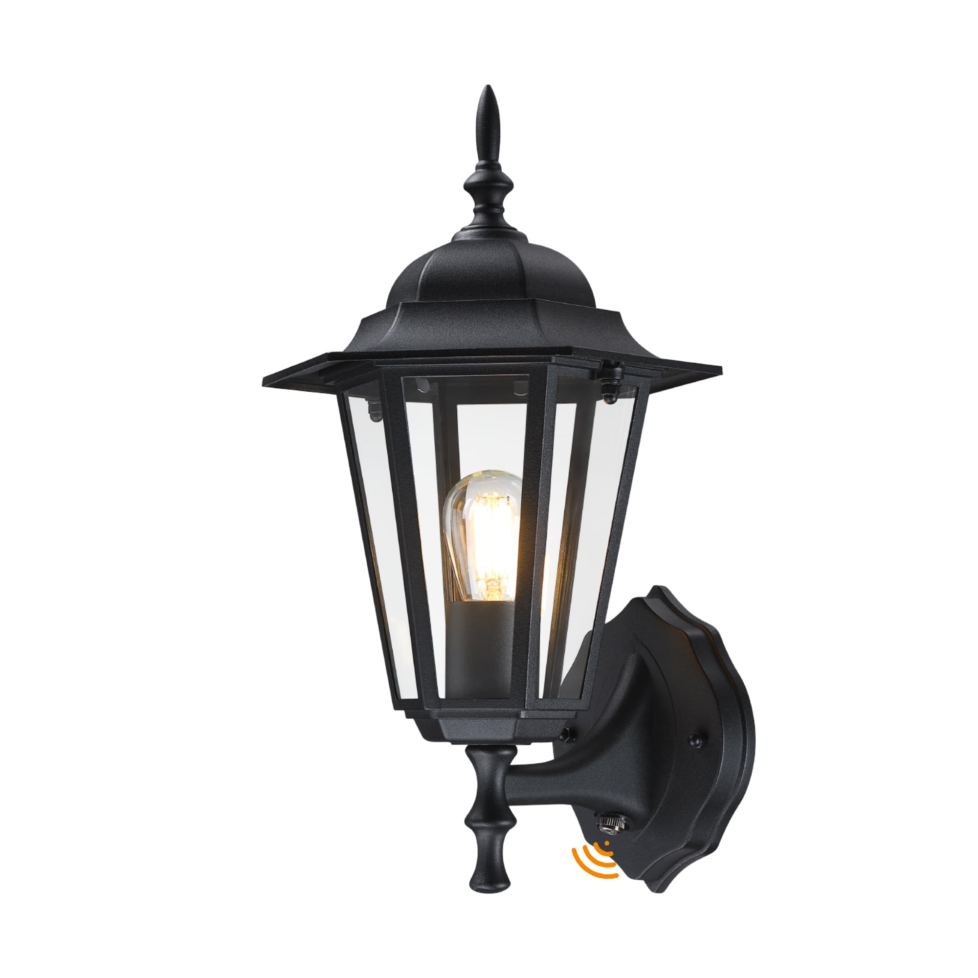 GRUENLICH Outdoor Wall Sconce, Dusk to Dawn Lighting, Black Aluminum, 14 Inch, Model GR-WL003D2D-BK-1PK, Clear Glass