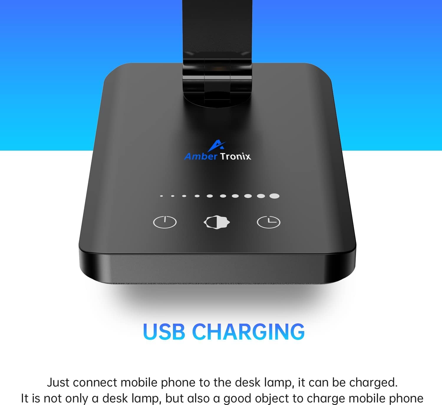 Ambertronix LED Desk Lamp with USB Charging Port, Dimmable, Touch Control, 5 Brightness Levels, Black, Model AT-286-B