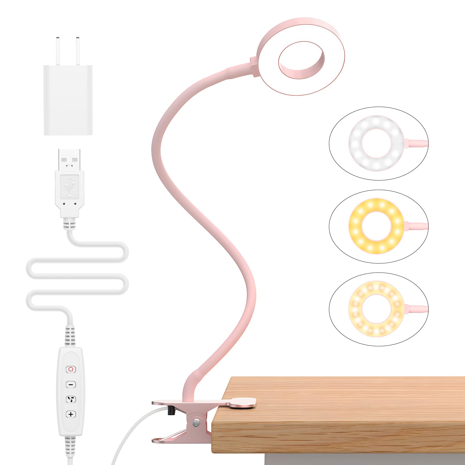 iZELL Desk Lamp LED Reading Light with Clamp, 3 Color Modes, 10 Brightness, 15.8in Pink, Flexible Gooseneck, Model TBL235-BK