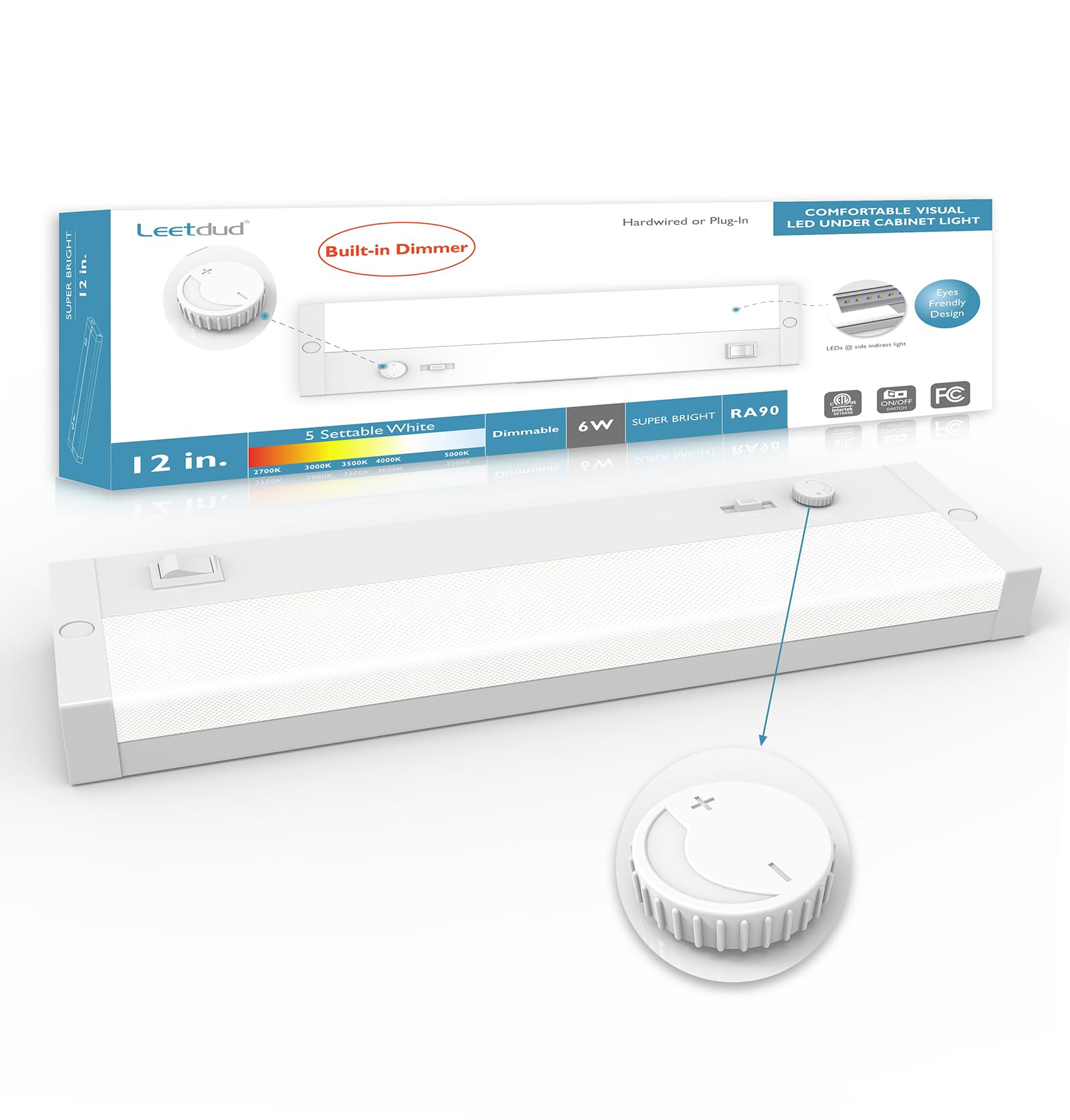 Leetdud LED Under Cabinet Lighting, 12 Inch, 6W Dimmable, 5 Color Options, ETL Listed, White, Model AirKitPro-1206WU-PWM