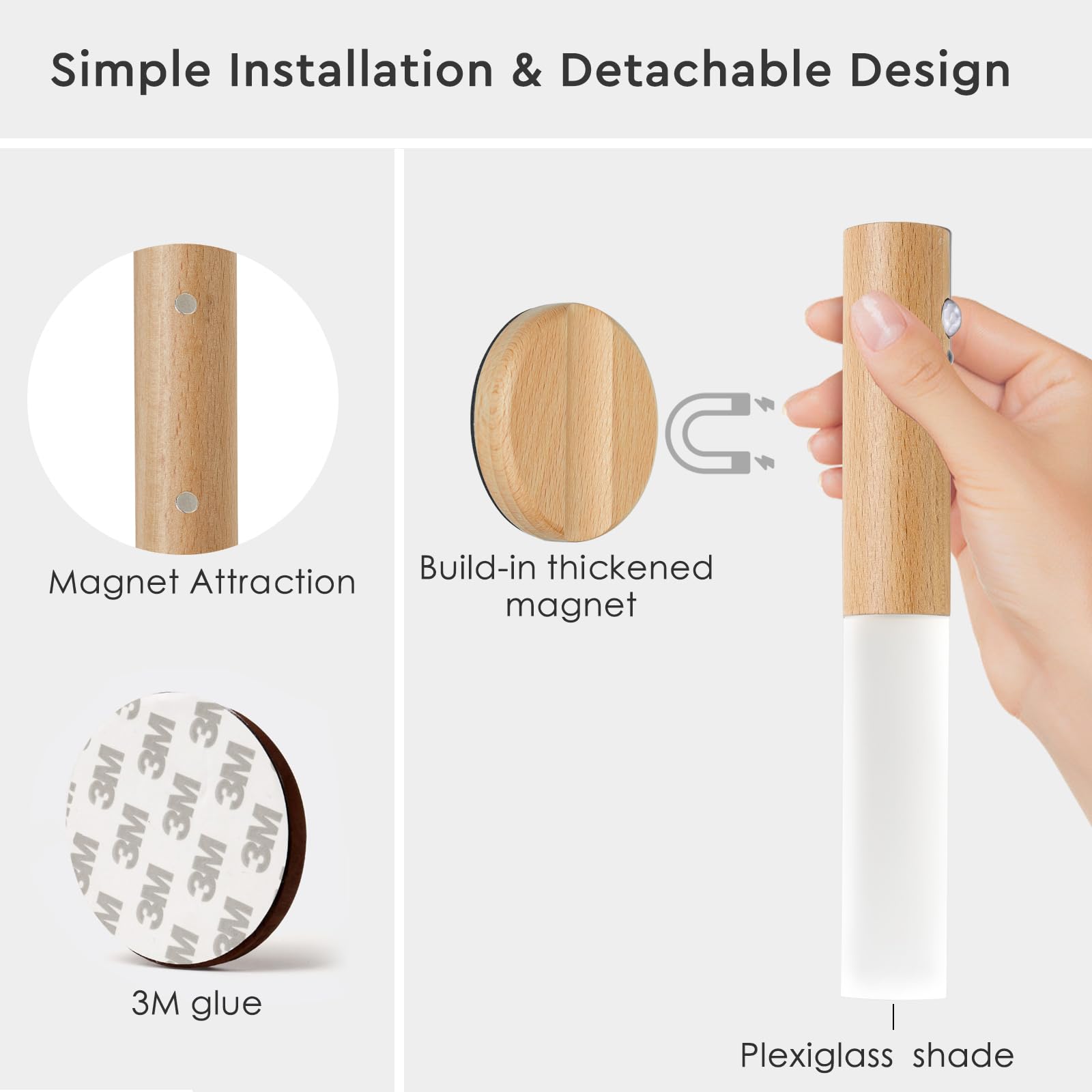 Montford Wall Sconces Set of Two, Battery Operated, Motion Sensor, Rechargeable, White Ash Wood, Model OLDNL001