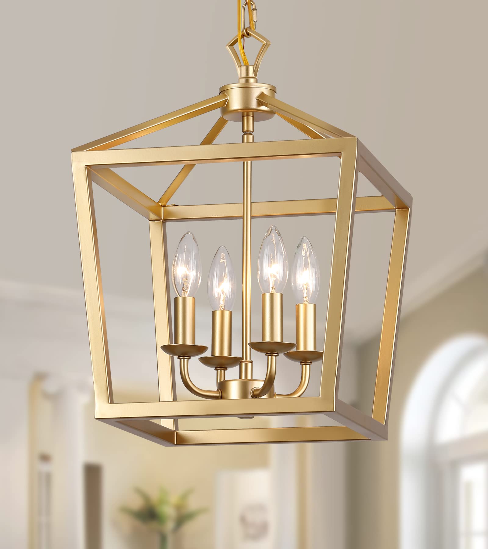 AMZASA Gold Lantern Chandelier Hanging Pendant Light Fixture 4-Lights for Kitchen Island Dining Room Hallway Entryway Foyer UL L