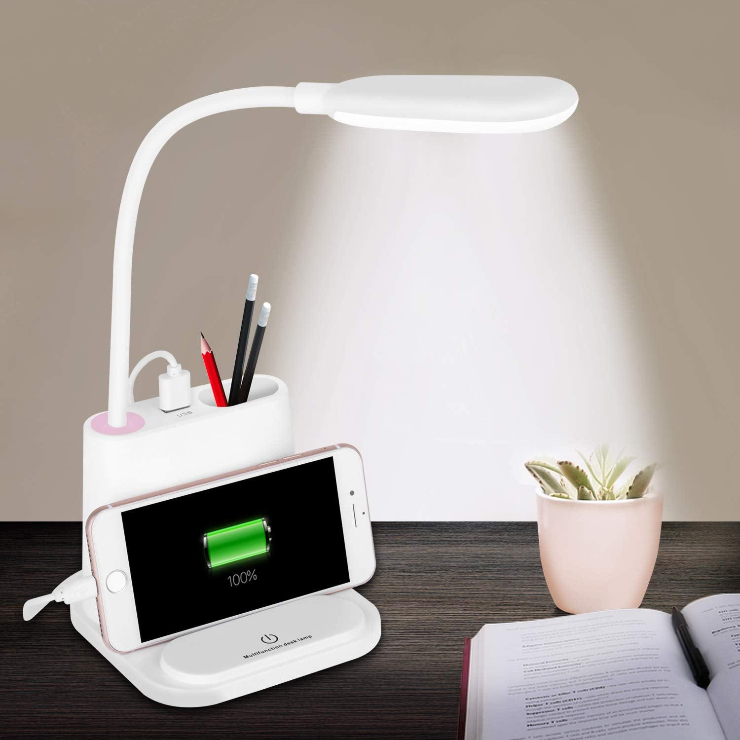 NovoLido LED Desk Lamp  Rechargeable Lamp with USB Charging Port/Pen Holder/Phone Holder  Small Study Cute for Kids/Home/Office/Dorm  Flexible Portable Bedside Table Reading (White)