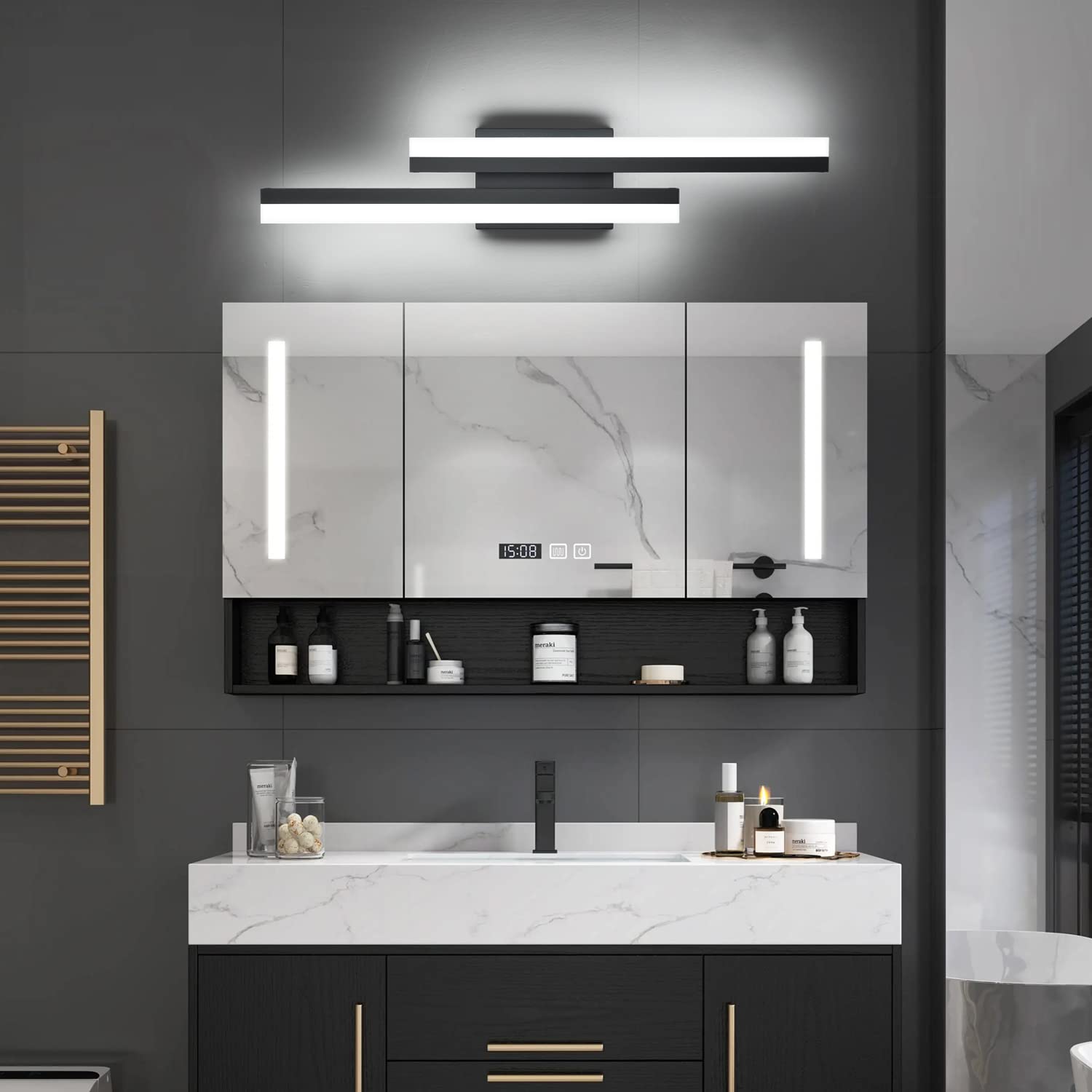 Presde Modern 24Inch 5 Color Changeable Bathroom Vanity Light Dimmable Led Matte Black Bathroom Light Fixtures Over Mirror Wall