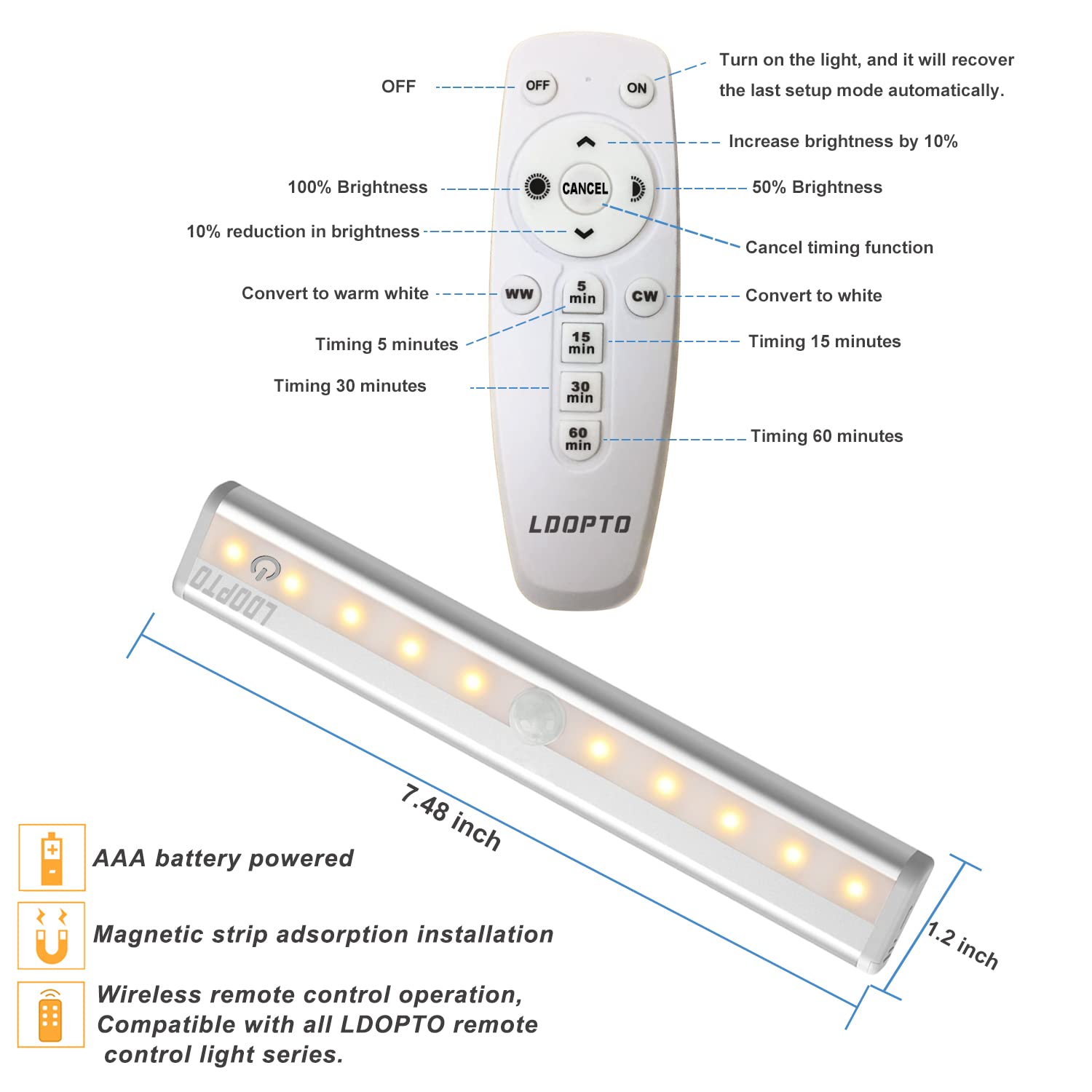 LDOPTO LED Under Cabinet Lights - Wireless Dimmable, Warm White, 6 Pack, Model UF13, Aluminum, Timer, Perfect for Kitchen & Hallway