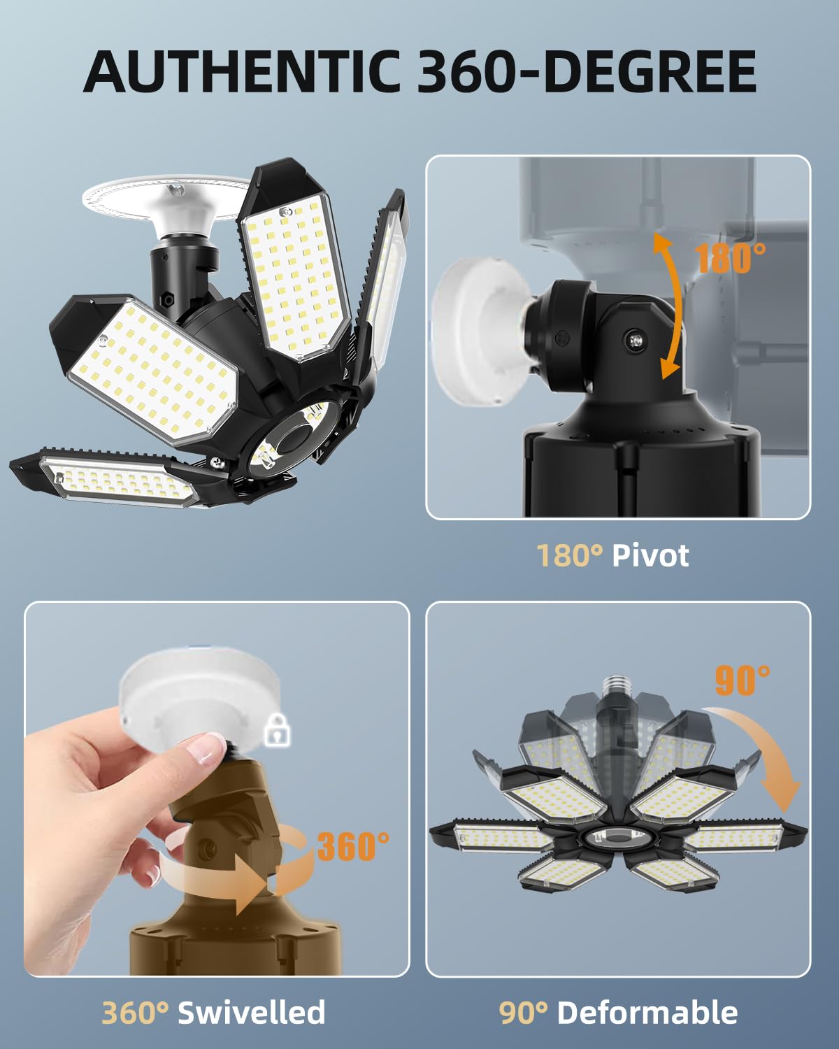Adiding Rotatable Led Garage Light, 6 Adjustable Panels 12000Lm Bright Basement Shop Lamp Fixture Screw In E26 E27 Bulb Base For