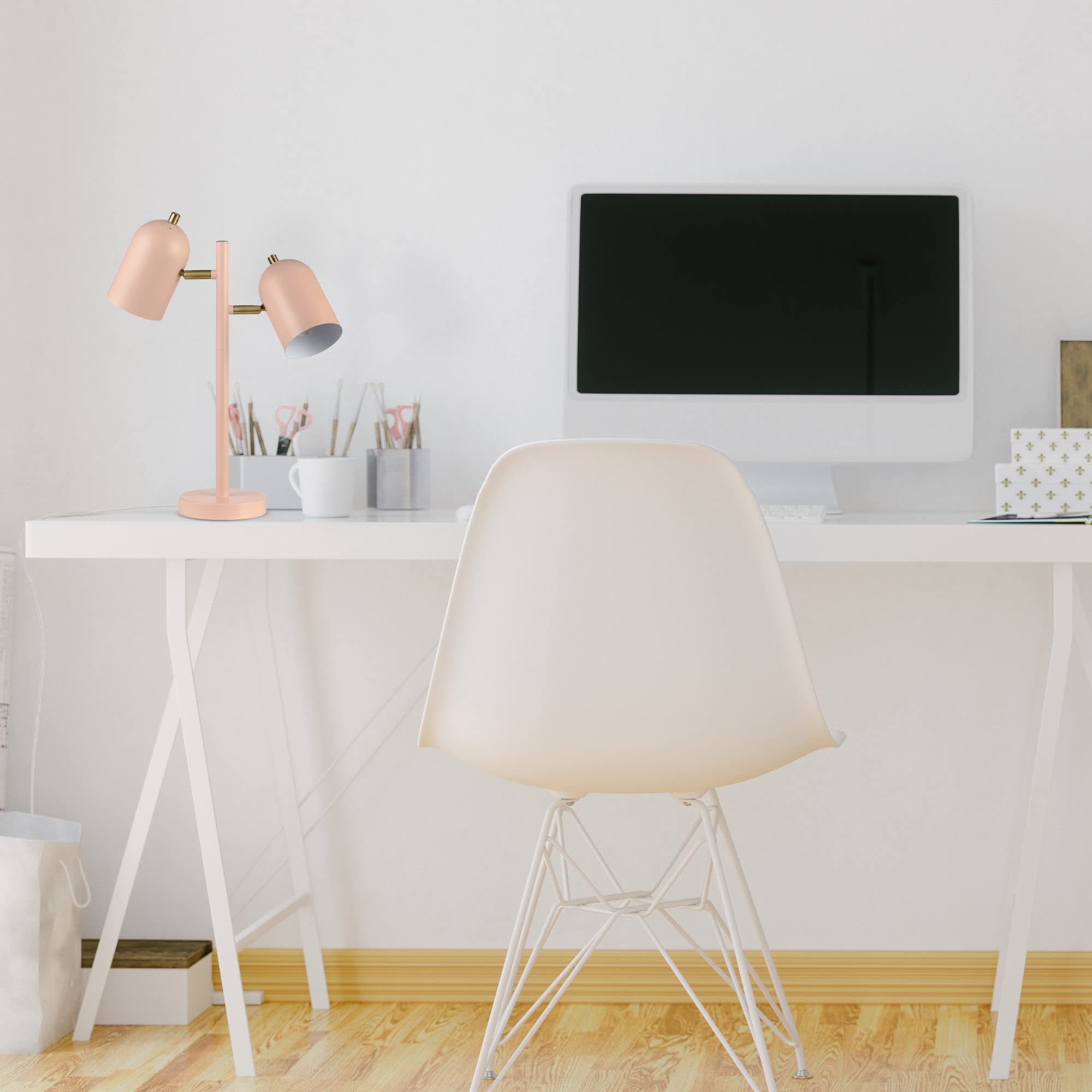 Globe Electric 30290 Carter 18'' 2-Light Desk Lamp, Matte Pink, Matte Brass Accents, 2.1A Usb Port, On/Off Rotary Switch On Each