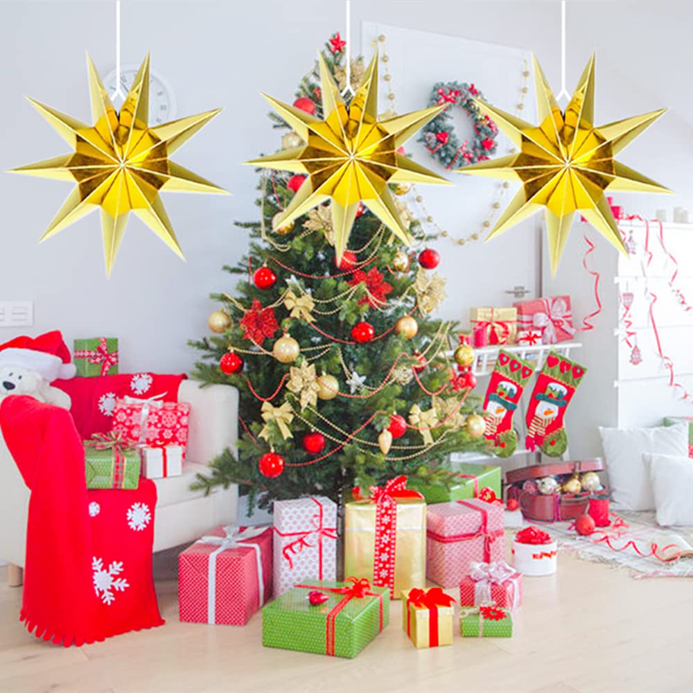 3 Pieces 3D 12'' Large Paper Star 9 Pointed Hanging Gold Paper Star Decorations For Weddings, Christmas Holiday, Kids Bedroom De
