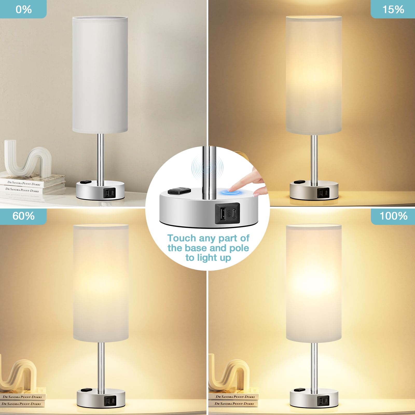 Fenmzee Light Grey Table Lamp For Nightstand - 3 Way Dimmable Touch Bedside Lamp Usb C And A Charging Ports And Ac Outlet, Small