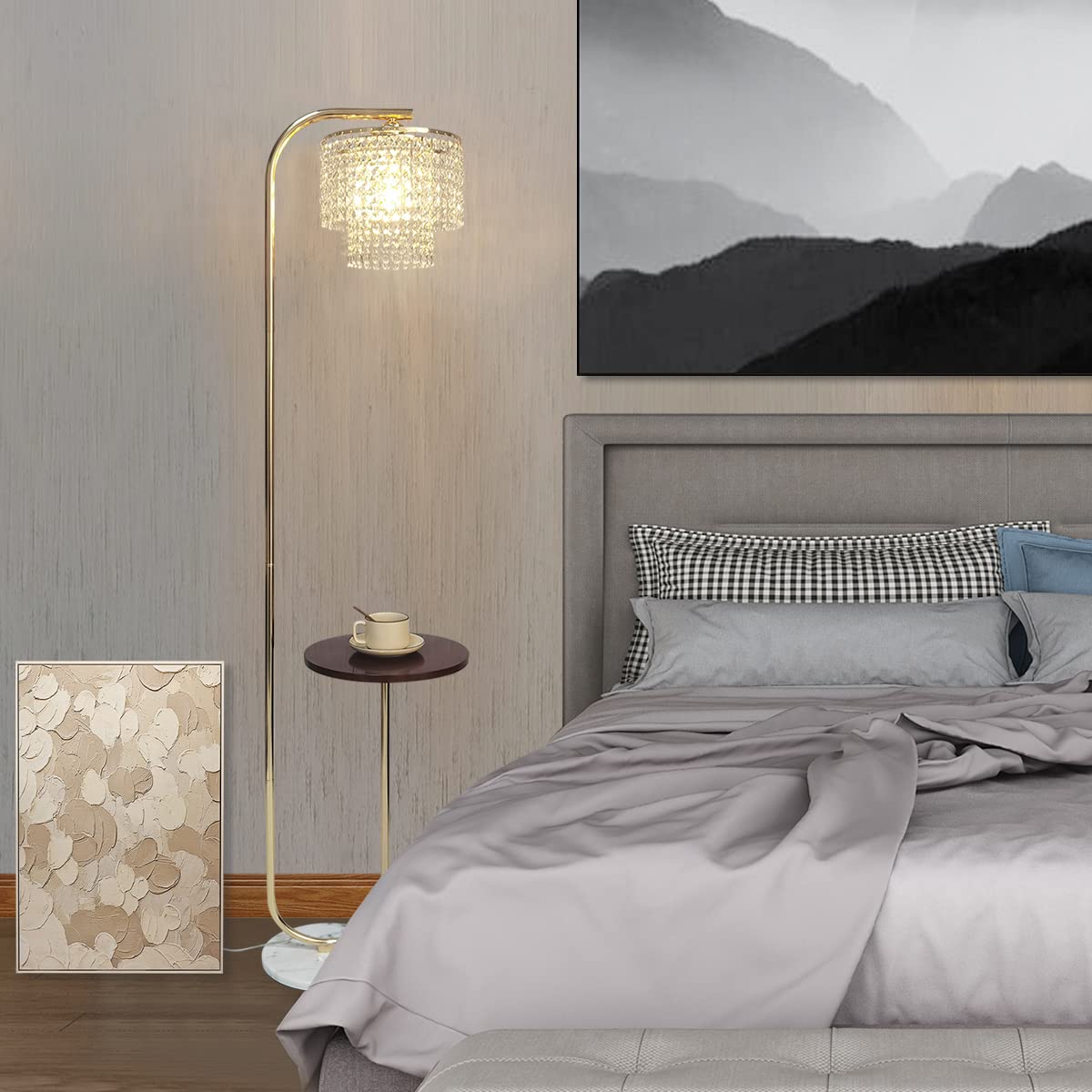 Hsyile Arc Crystal Floor Lamp For Living Room - Marble Base Modern Tall Stand Up Light With Table,Contemporary Over The Couch Go