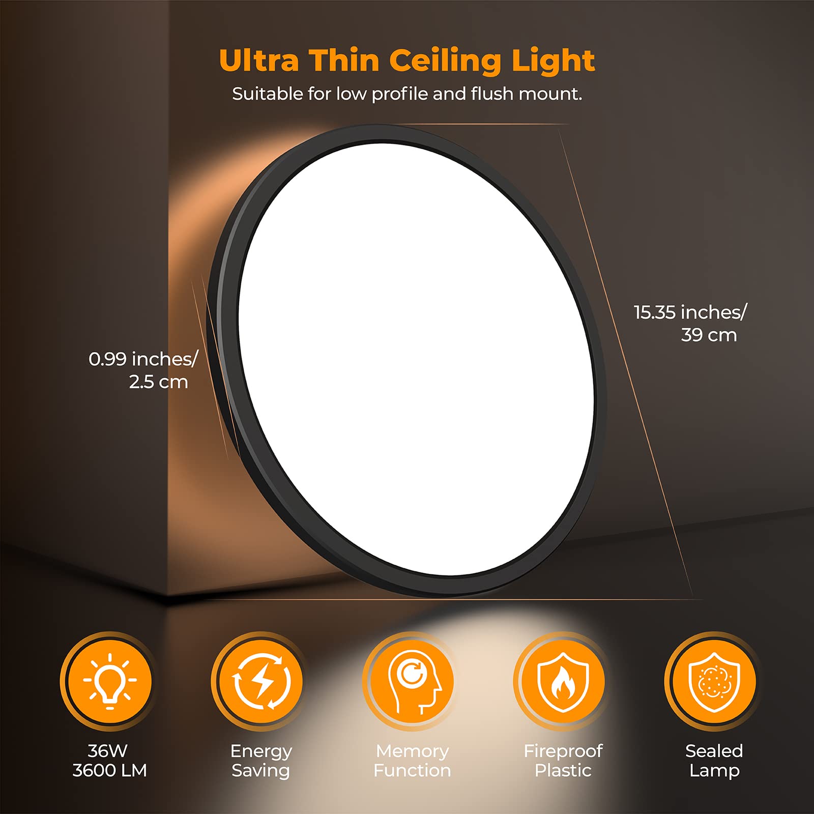 Blnan Led Flush Mount Ceiling Light Fixture With Remote Control, 15.4 Inch 36W 3000K-6500K Dimmable Round Low Profile Ceiling La