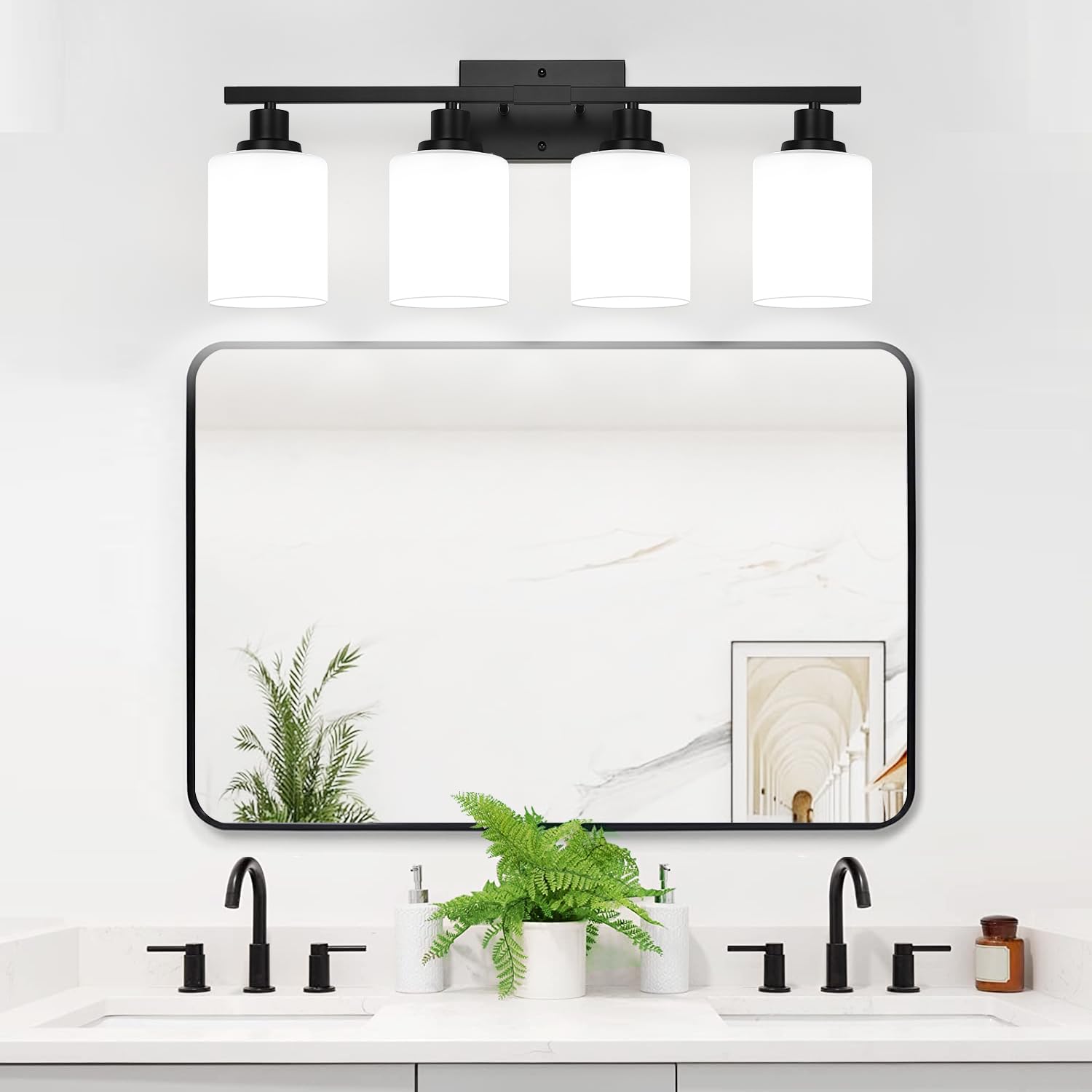 MOKATNG 4-Light Vanity Light Fixture, Matte Black with Milky White Shades, Modern Bathroom Wall Lamp, Model YX-053