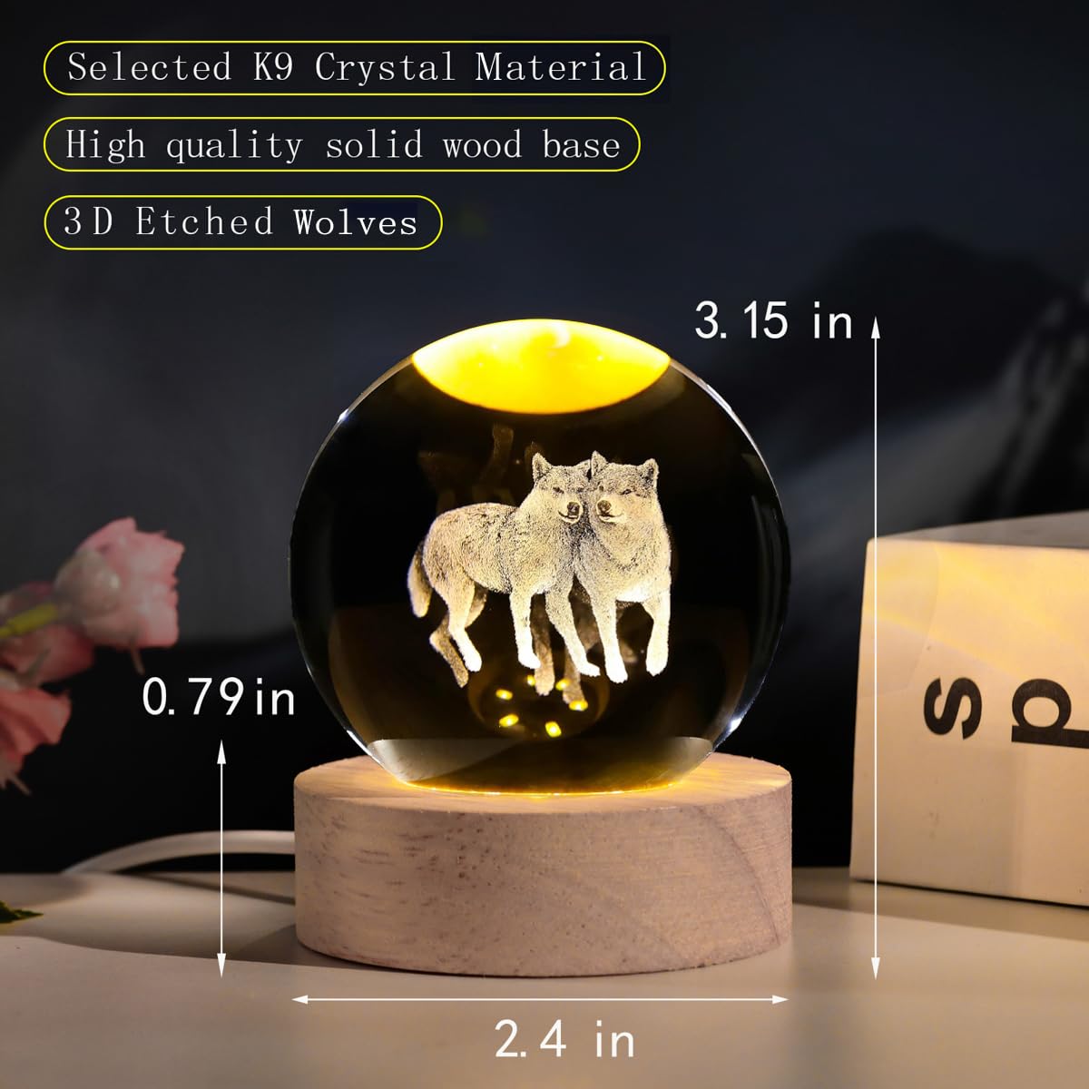 Qianchang 3D Wolf Crystal Ball Night Light With Led Stand,Crystal Wolf Figurine Lamp,Wolf Decor Glass Animal Sphere Globe Paperw