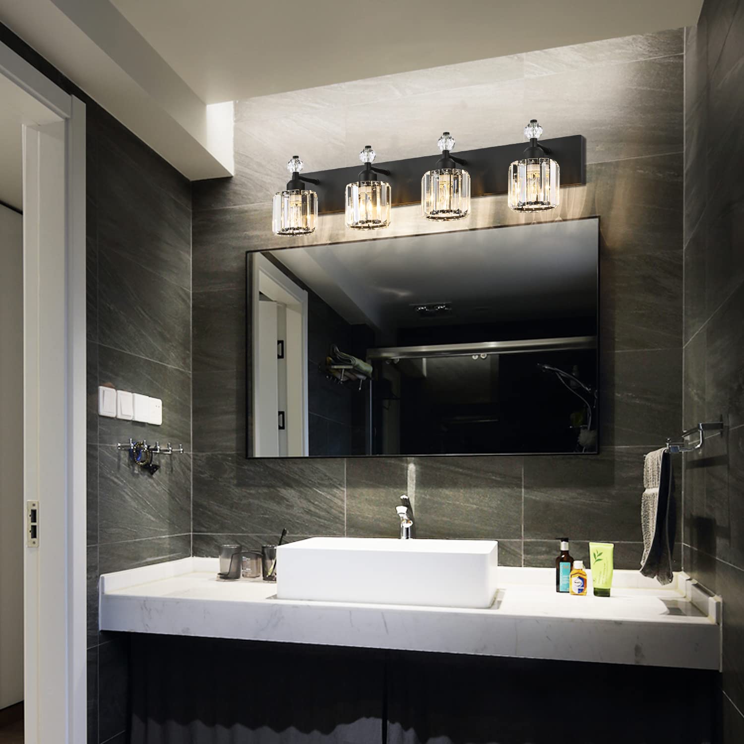 PRESDE Modern Crystal Vanity Light - 4-Light Bath Fixture, Matte Black, Metal Design for Bathroom Over Mirror Lighting