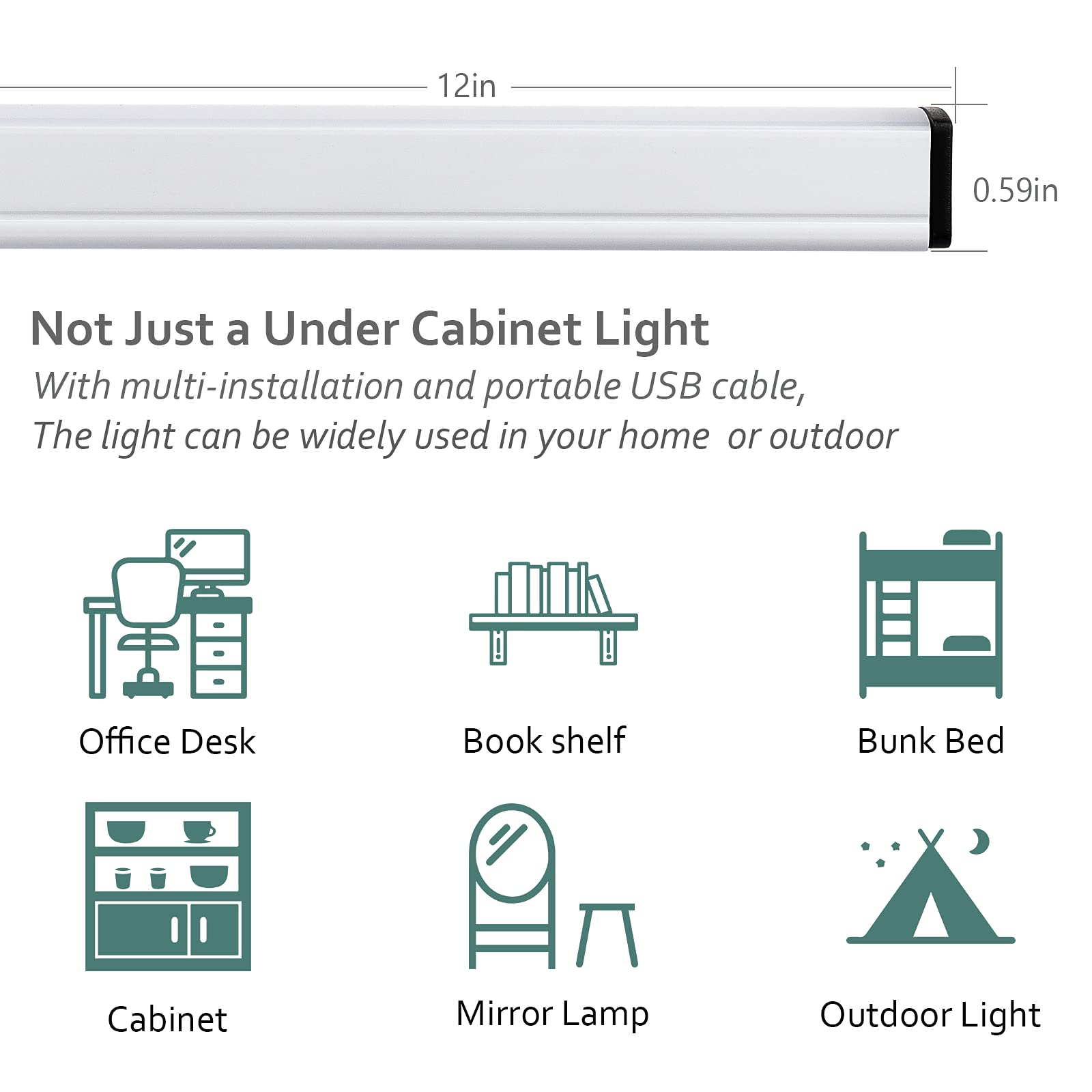 Asoko Plug-In Led Under Cabinet Lighting, 12 Inch Led Light Strip Bar, Cool White 6000K Usb Led Cabinet Light, Slim Undercounter