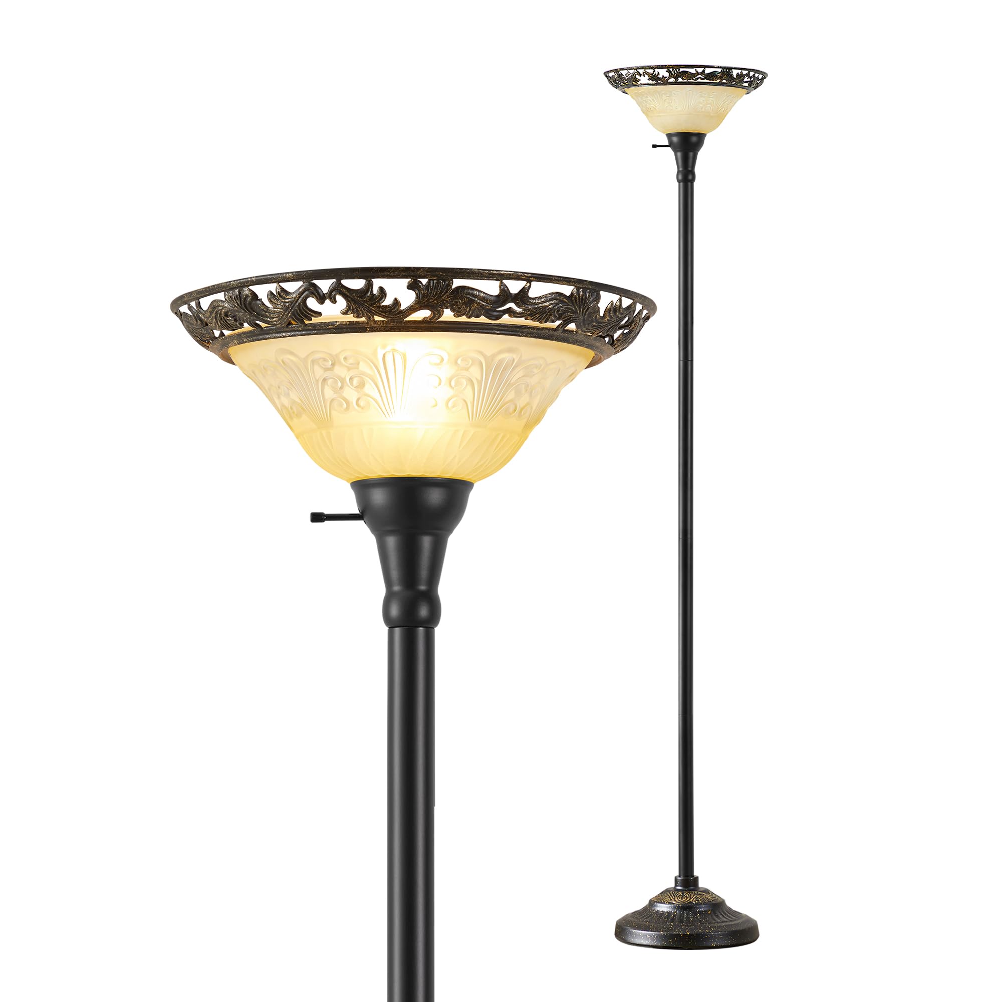 Luvkczc Torchiere Floor Lamp - 70in Victorian Metal Lamp with Etched Glass Shade, Black & Yellow, Model 31001