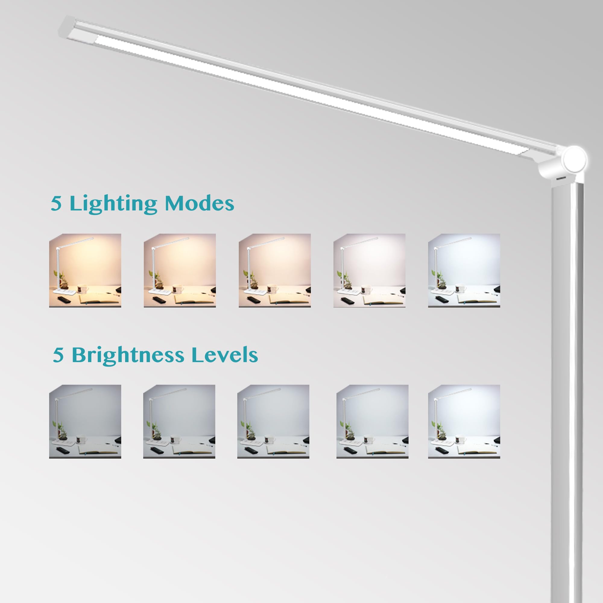 MCHATTE LED Desk Lamp - Dimmable, USB Charging, Touch Control, 5 Brightness Levels, White, Model E009A