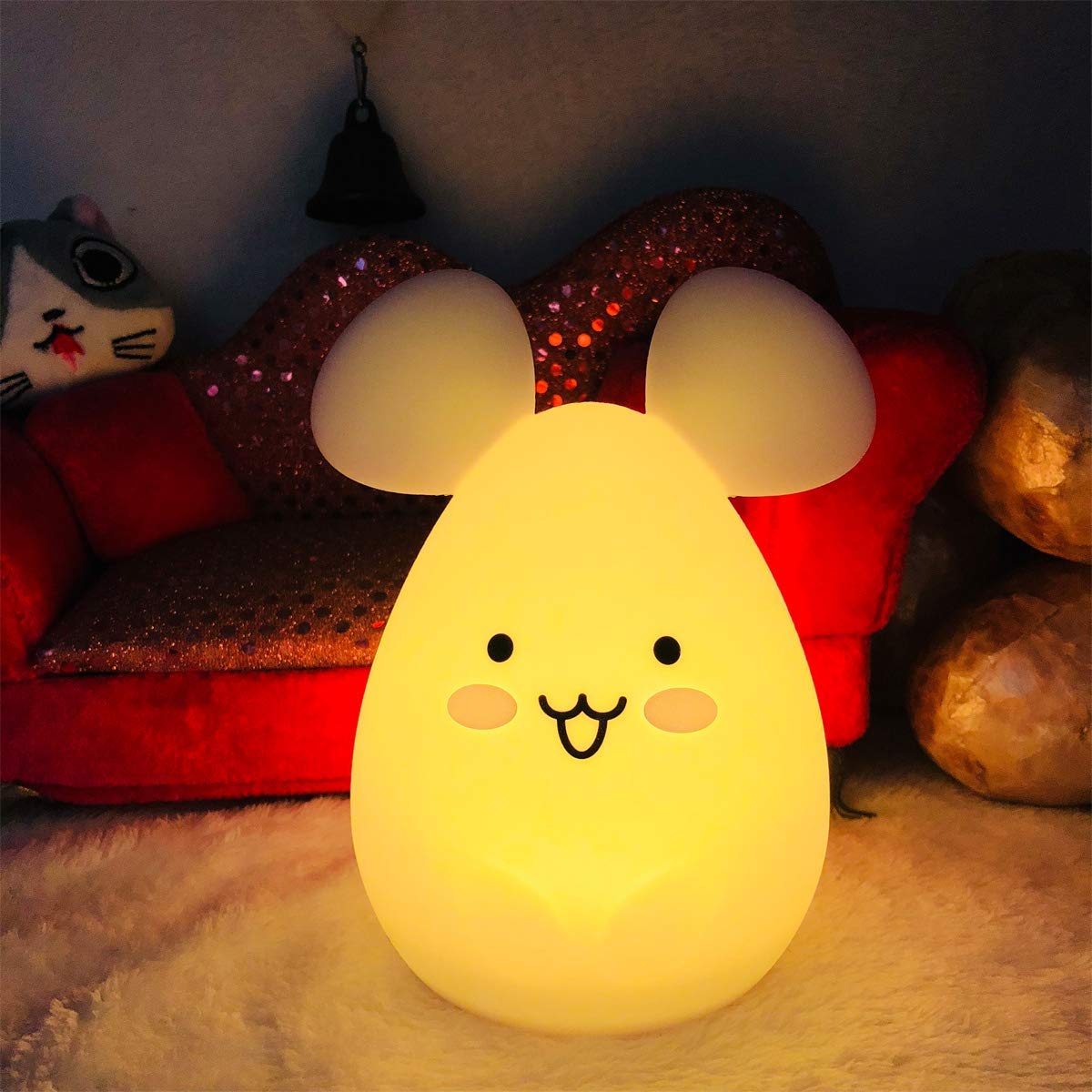 Tianhaixing Rechargeable LED Mouse Night Light, Soft Silicone, Remote & Touch Control, Adjustable Brightness & Colors, White, Model THX885