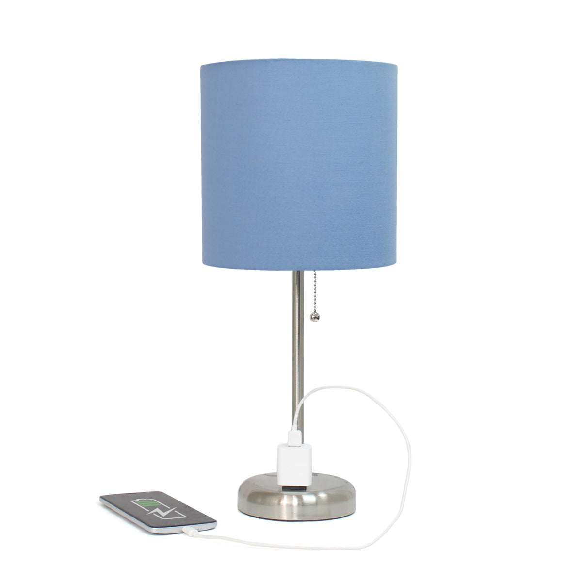 Simple Designs LT1144-BLU Sleek and Slender Brushed Steel Table Lamp with Charging Outlet, for Bedroom, Living Room, Entryway, Office, Dining Room, Study, Blue Shade