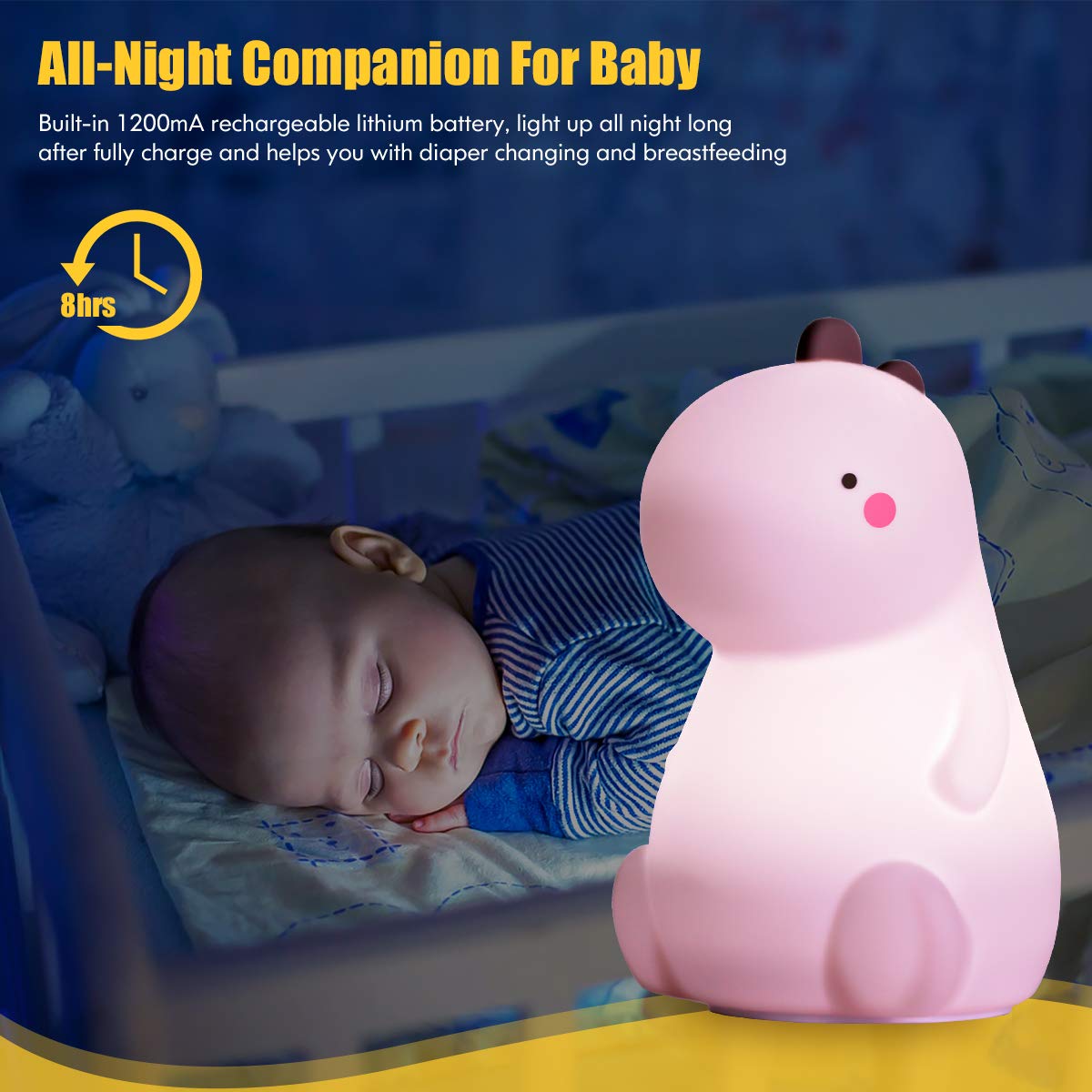 Cute Dinosaur Lamp, Toddler Night Light For Kids, 3 Level Dimmable Touch Night Light For Baby Nursery, Rechargeable Silicone Squ