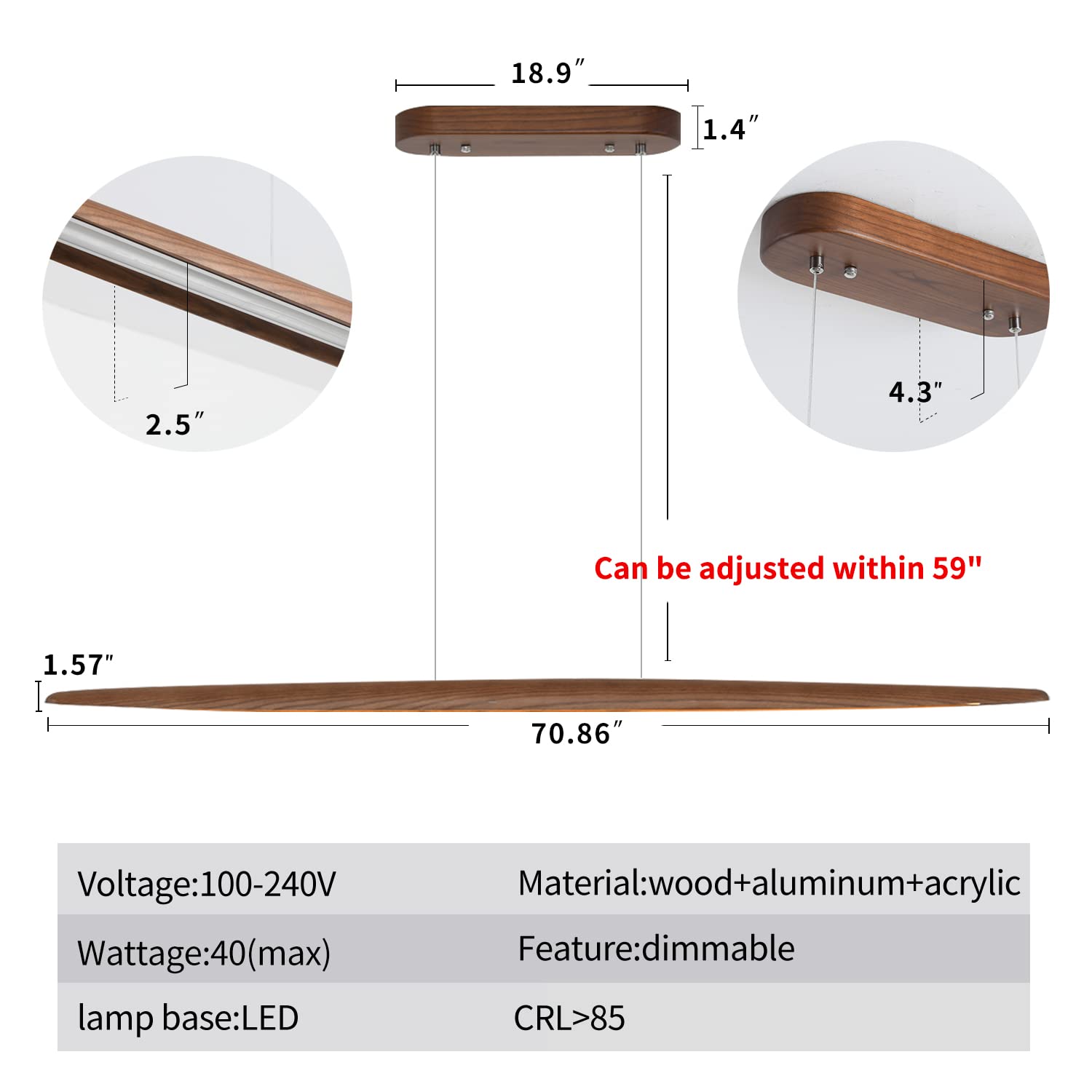 Yisdesign 71'' Wood Linear Pendant Light - Dinning Room & Island Lights - Led Dimmable Linear Chandelier - 40W - Walnut Color