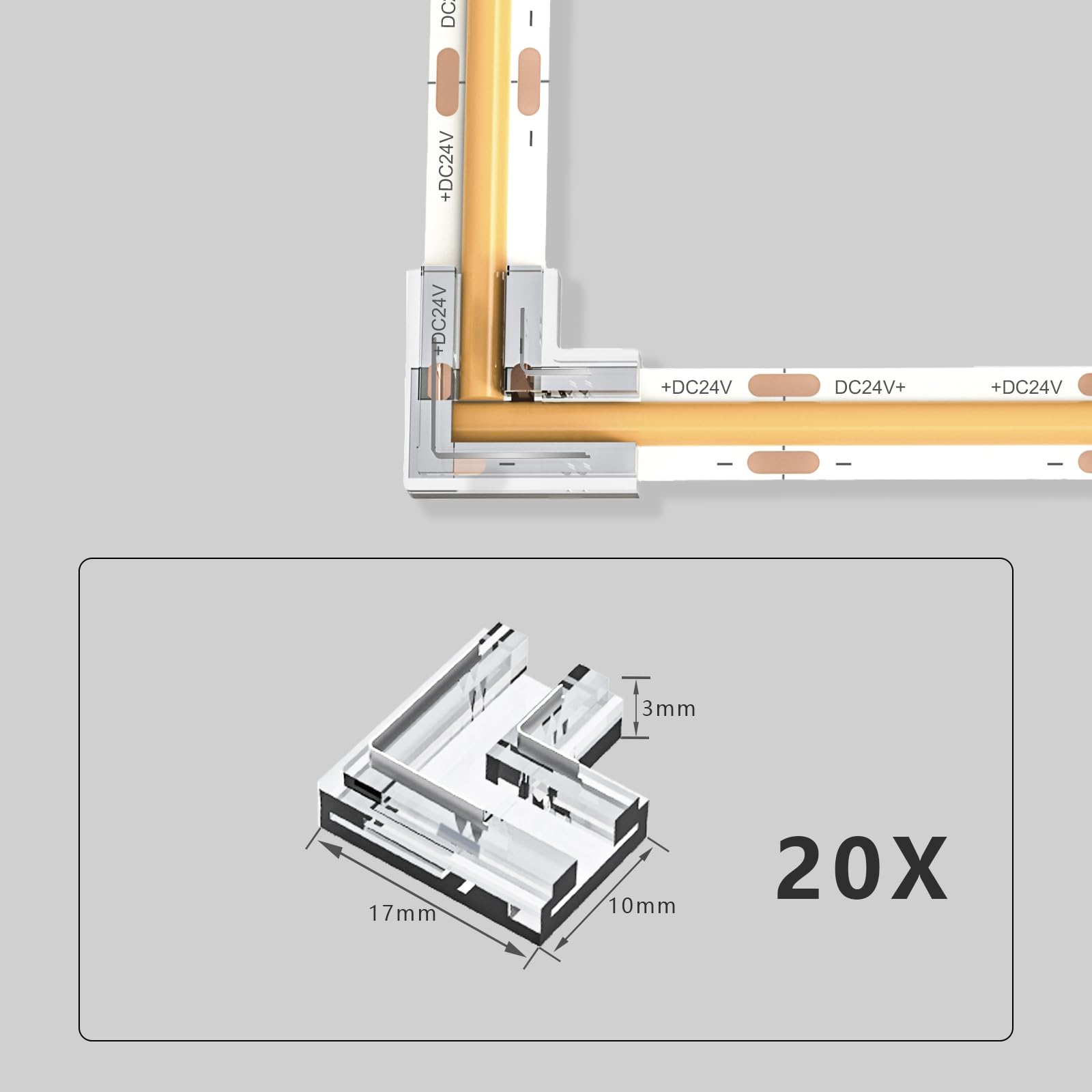 Visdoll 20Pcs Cob Led Light Strip Connectors 8Mm 2Pin,Strip To Strip L-Shaped/Corner Connector Led Tape Light Connectors, Transparent Solderless Gapless No Dark Area For Diy Cob/Smd Strip Lights