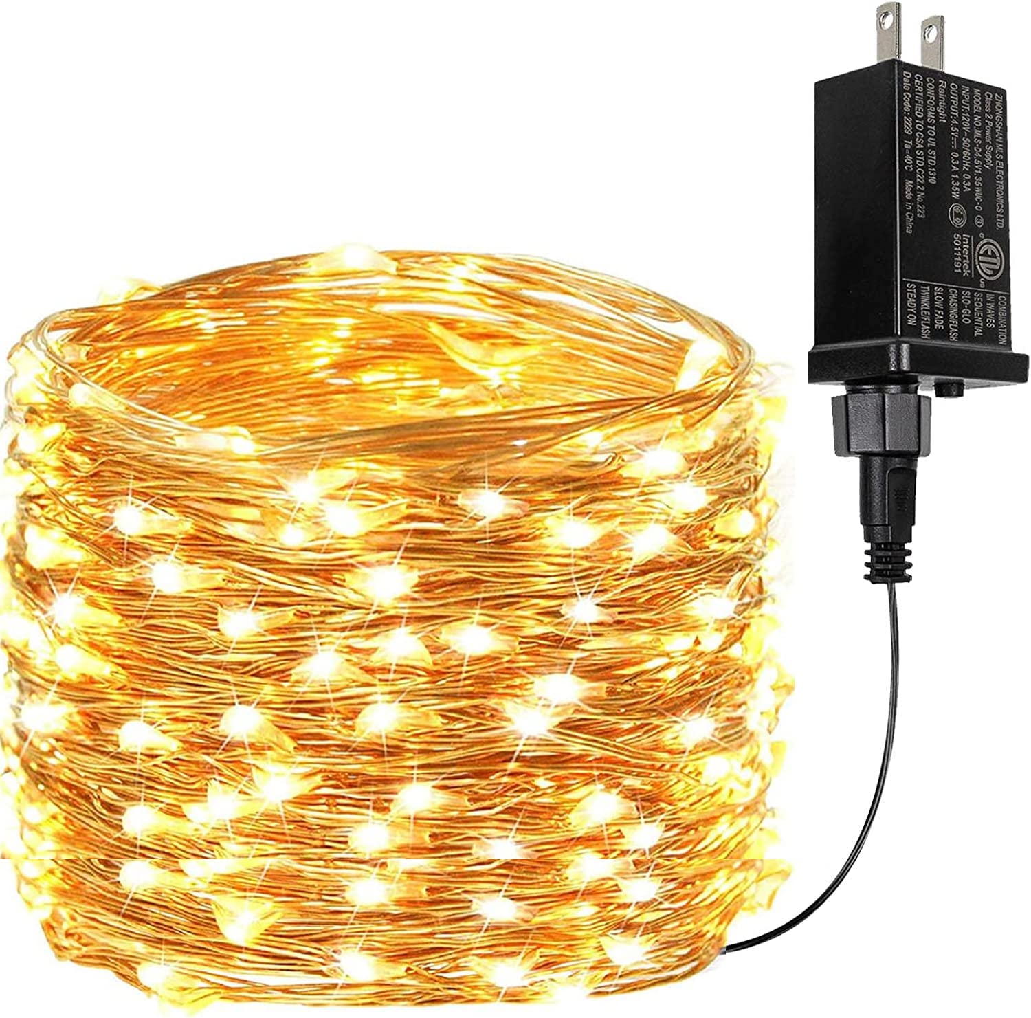 BHCLIGHT 33Ft 100 LED Fairy Lights, Warm White, Waterproof, 8 Modes, 1 Pack, Model MLS-D4.5V1.35WUC-O
