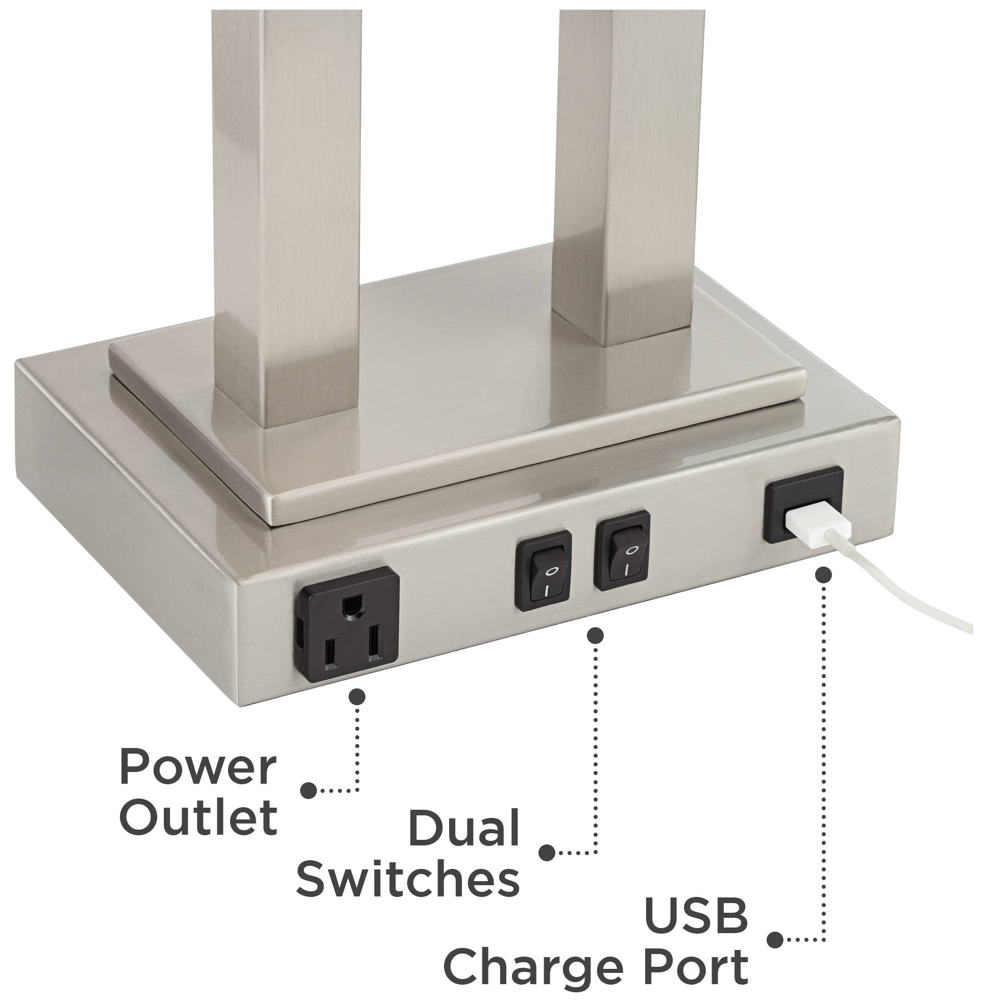 Possini Euro Design Amity Modern Table Lamp with USB & AC Outlet, 26in High, Brushed Nickel, White Linen Shade, Model 9G408