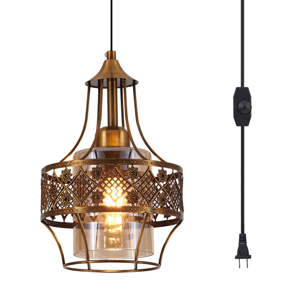 Ylong-Zs Farmhouse Plug In Pendant Light, Glass Hanging Lamp Gold, Vintage Swag Lights With Plug In Cord 16Ft For Kitchen Island