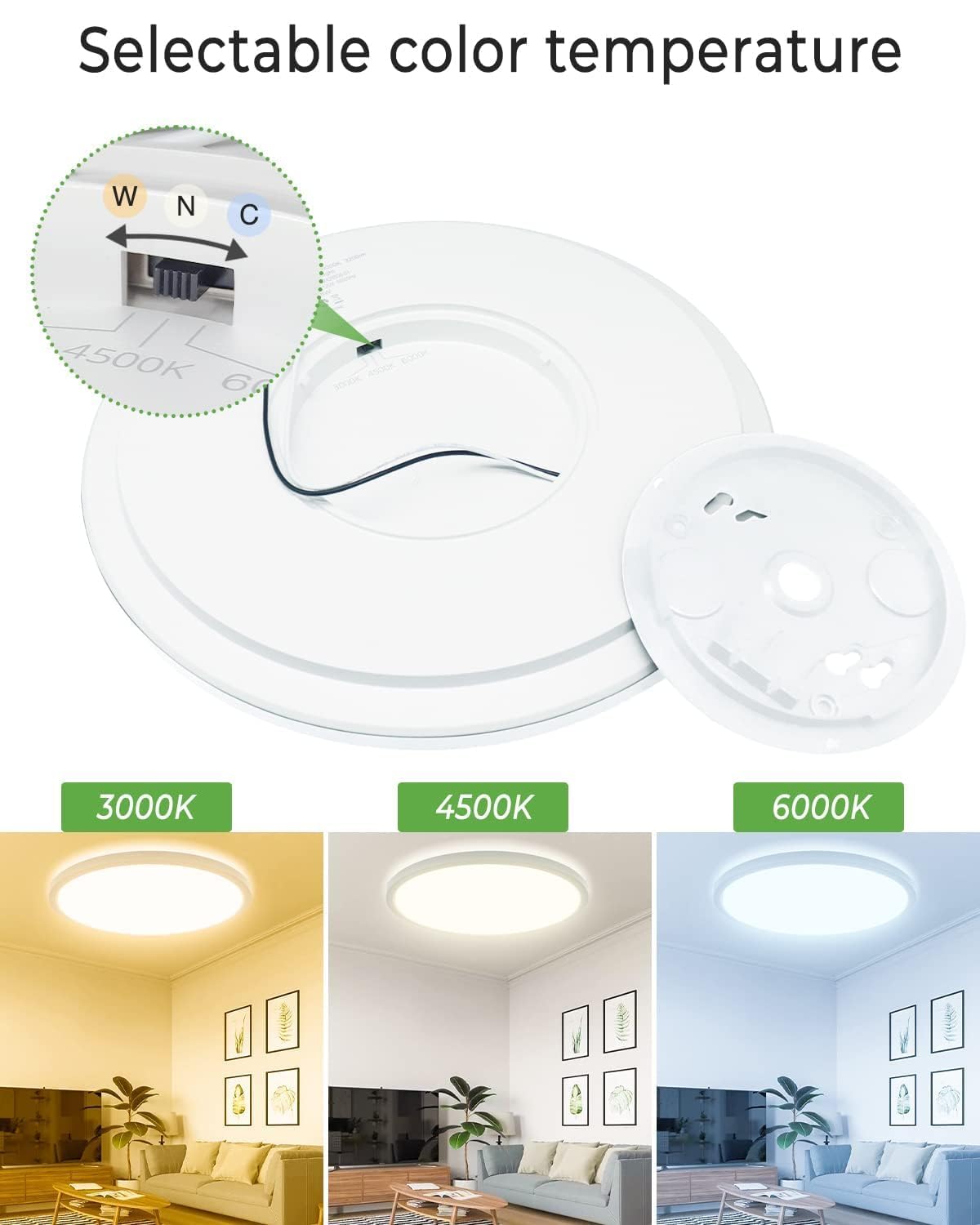 zemty LED Ceiling Light Flush Mount, 36W 4200lm, 16.5in, Selectable 3000K/4500K/6000K, White, Model CL